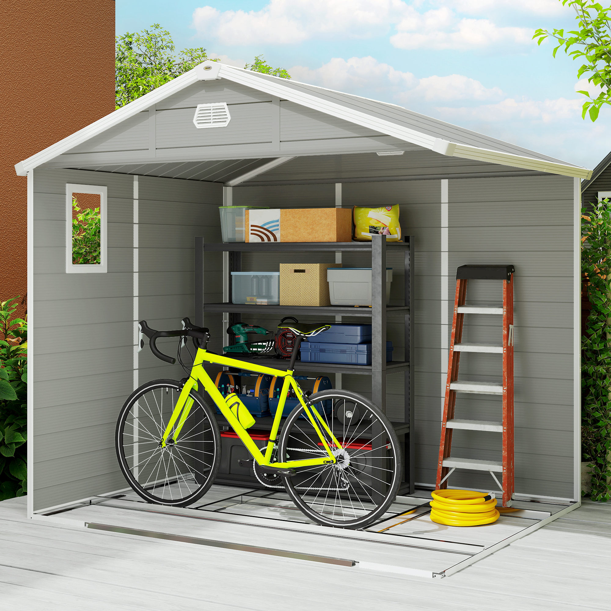 Outsunny 7.9ft x 6.2ft Aluminium Frame and Plastic Wall Shed, with Foundation Light Grey 9
