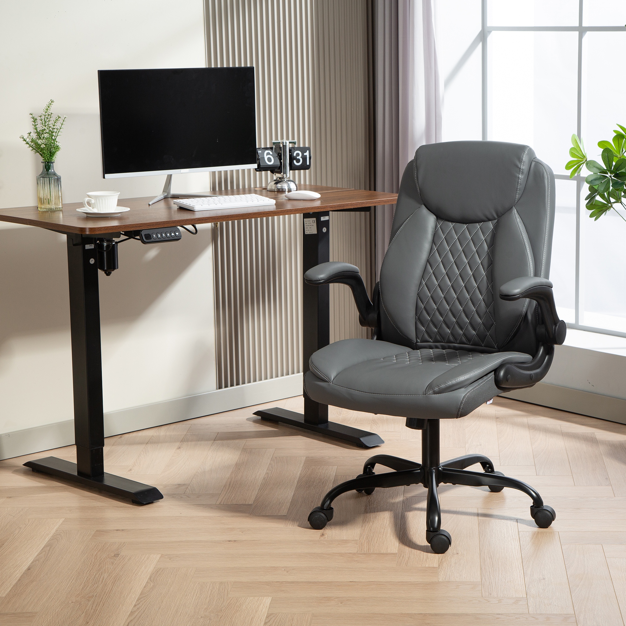 HOMCOM Faux Leather Office Chair. with Flip-Up Armrests Charcoal Grey 2