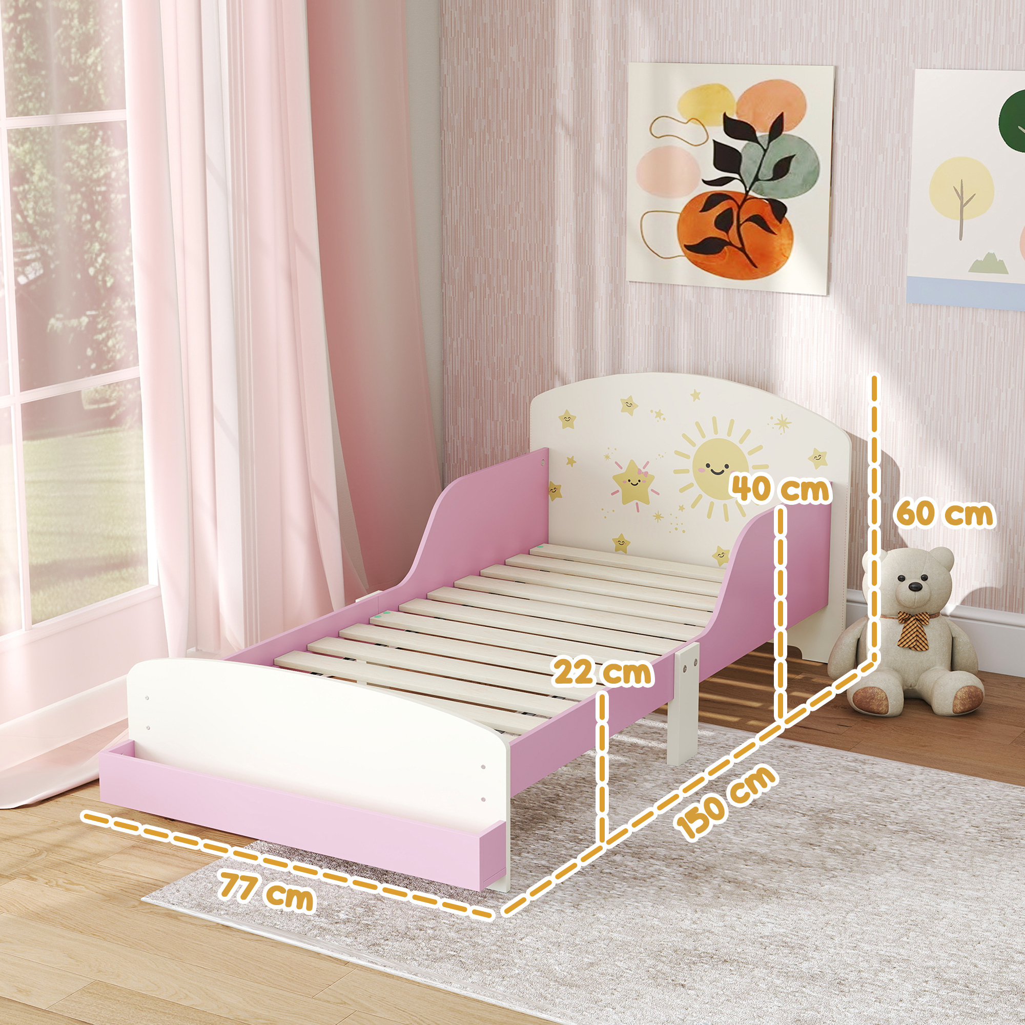 AIYAPLAY Toddler Bed with Storage, Guardrails, Sun Design, for Ages 3-8 Years, Fits 140 x 70cm Mattress, 3