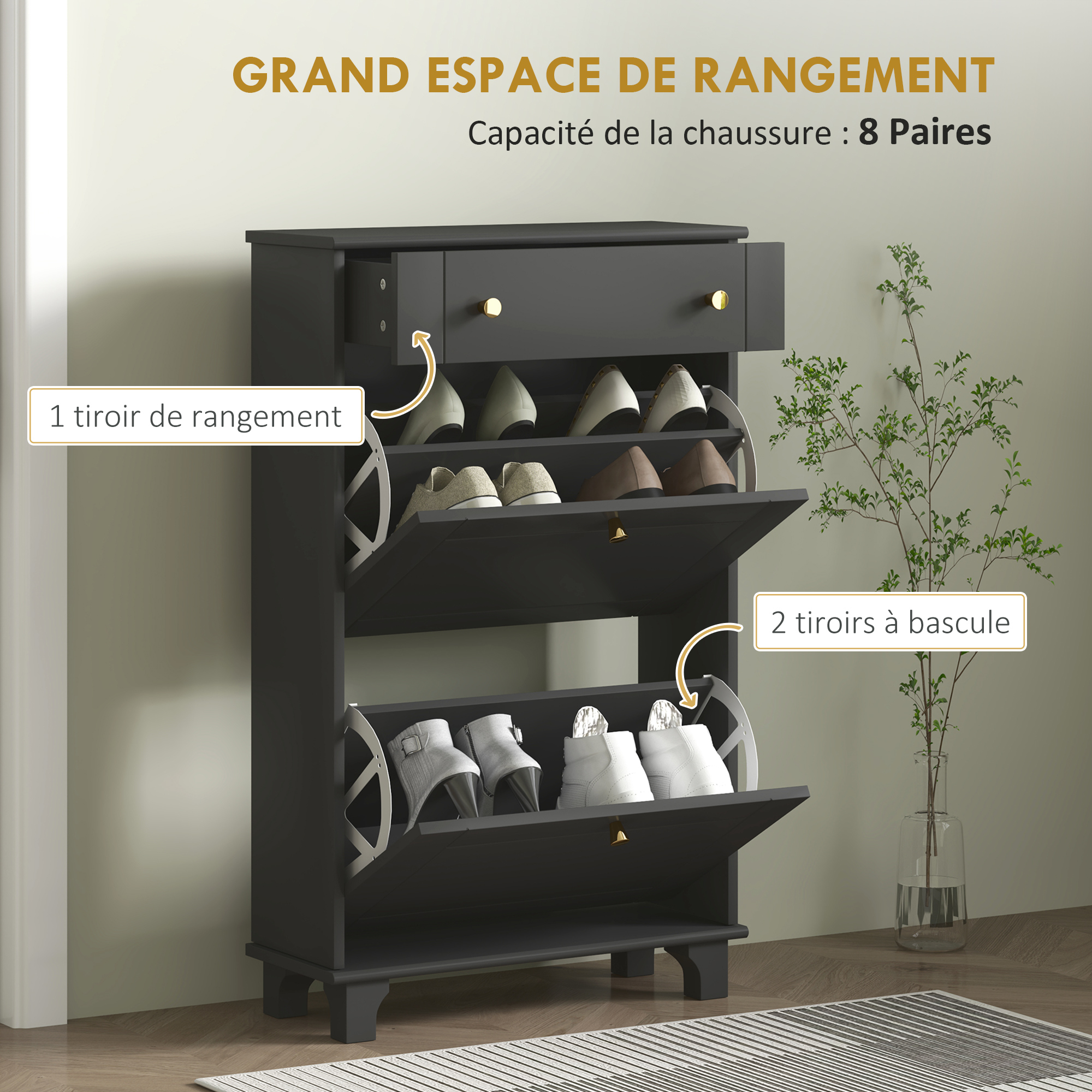 Meuble à Chaussures étroit HOMCOM - 2 Portes Abattantes, étagères Réglables, Pour Entrée/couloir - 60x23.5x98.5 Cm, Noir