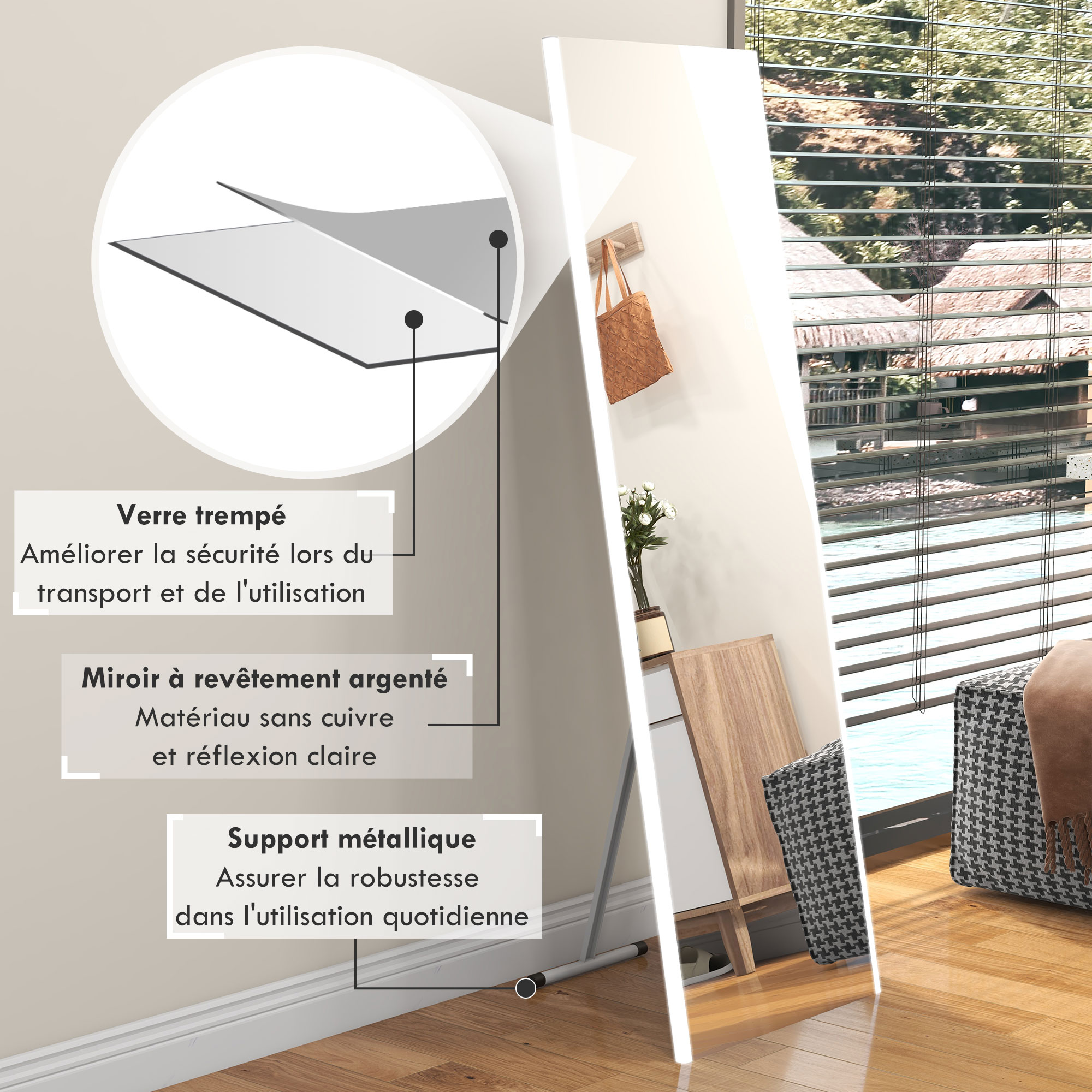 Miroir Intégral 160x50 Cm SONGMICS - Grand Miroir Sur Pied Cadre Aluminium Noir, Verre Trempé Sécurité - Chambre, Salon, Dressing