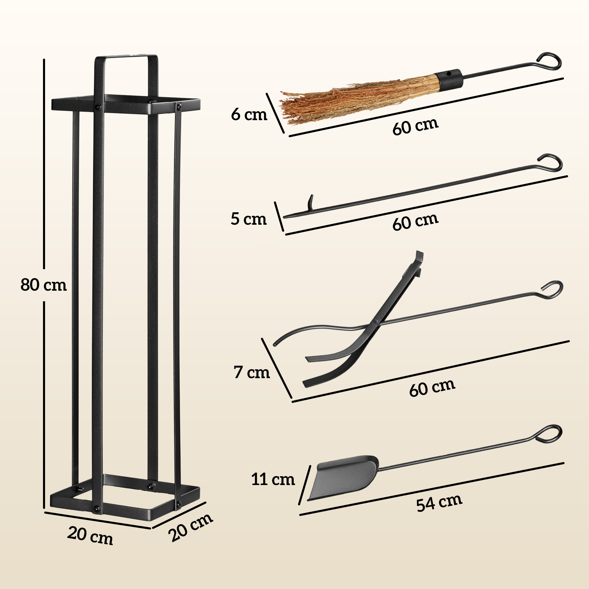 Outsunny Set Camino 5 Pezzi – Scopa, Pala, Pinze, Attizzatoio E Supporto In Metallo Nero, Dimensioni Compatibili Per Camini Interni Ed Esterni