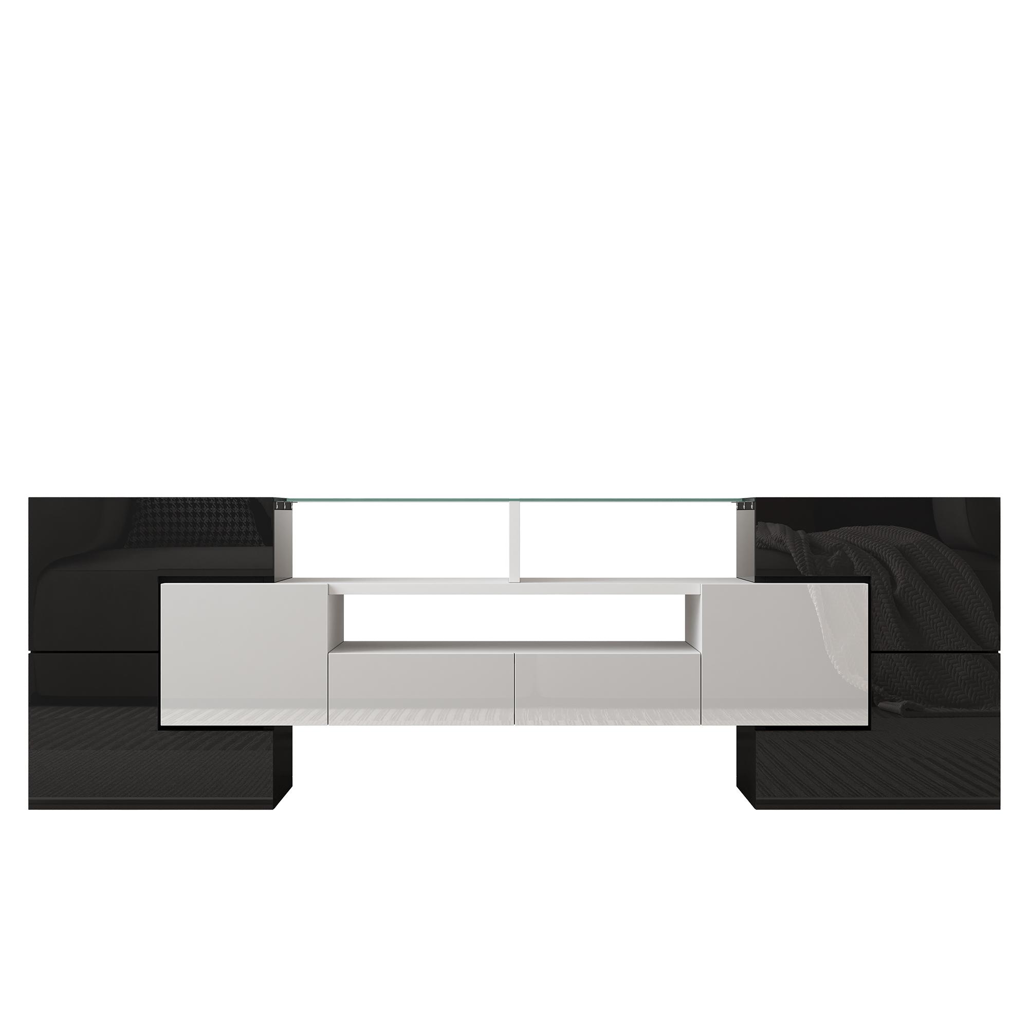 Mobile TV con illuminazione LED, superfici in vetro, con 6 ante, 2 cassetti e 3 scomparti, 145x30x51 cm, Bianco+Nero