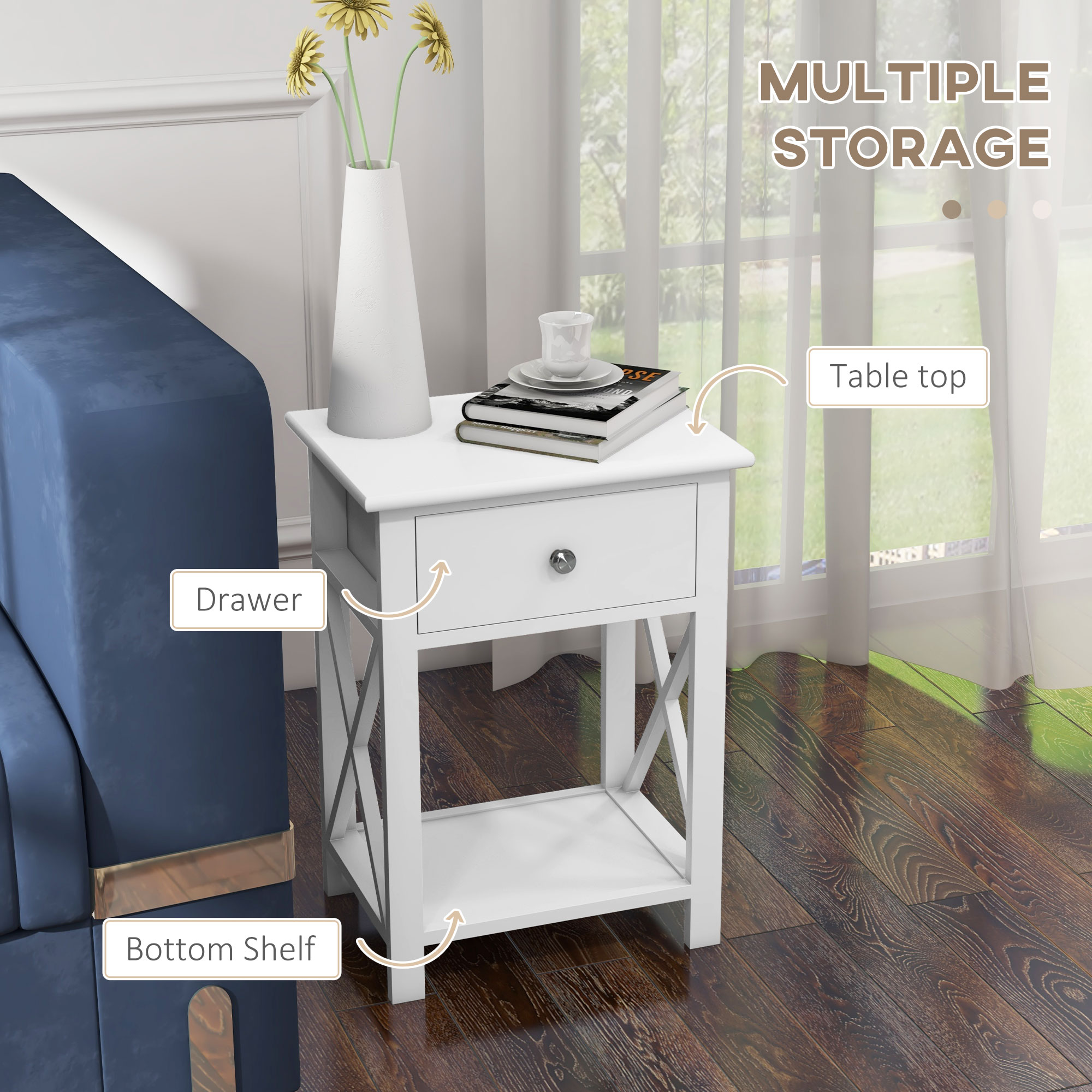 HOMCOM End Table, Sofa Side Table with Drawer X Bar Bottom Storage Shelf, Nightstand Bedside Table for Bedroom or Living Room White 5