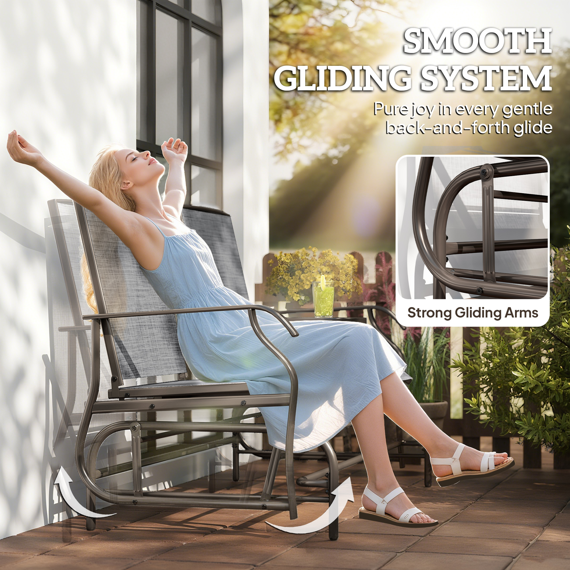 Outsunny 2 Seats Garden Glider Bench, Metal Frame Loveseat with Glass Top  Centre Table, Porch Rocking Glider for 2 Person, for Deck, Patio, Brown/ Grey 4