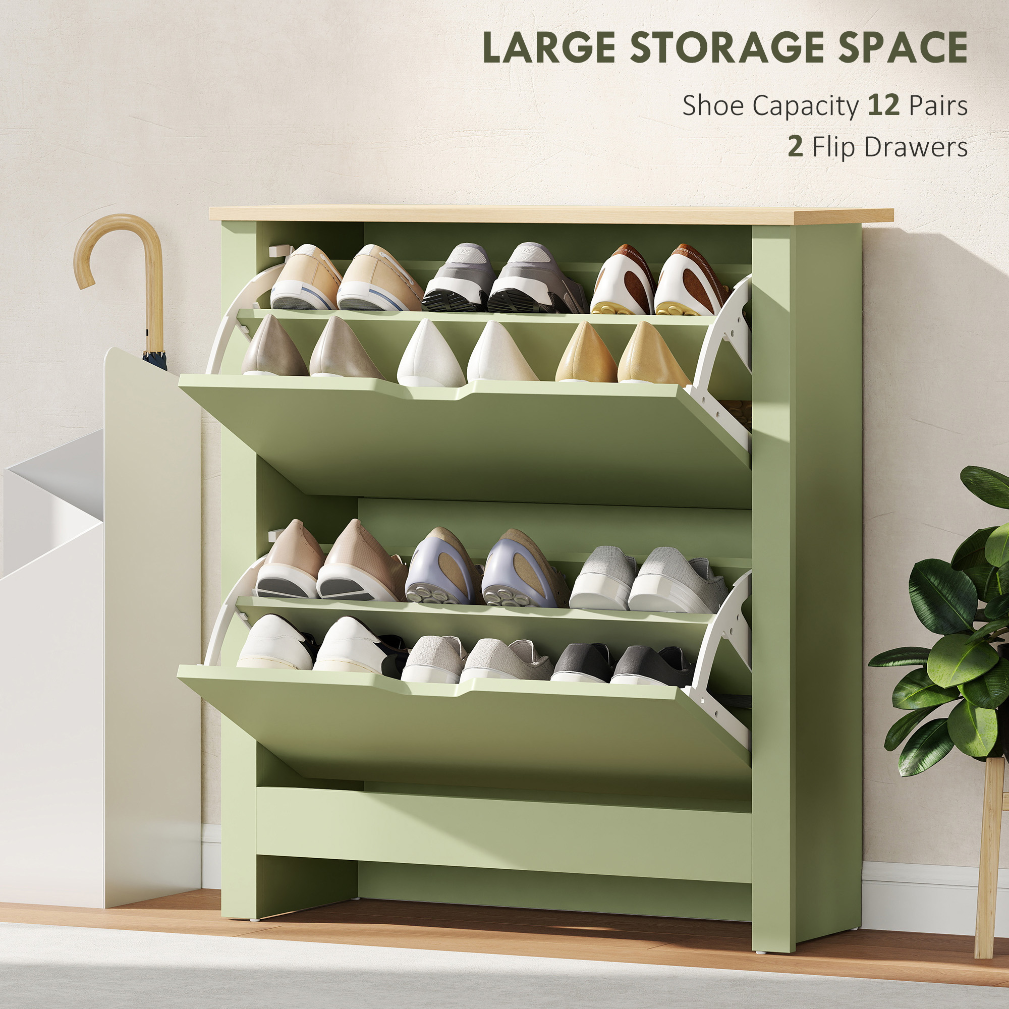 HOMCOM Slim Shoe Cabinet, Narrow Shoe Cupboard with 2 Flip Drawers, Adjustable Shelves for 12 Pairs of Shoes, Green 4