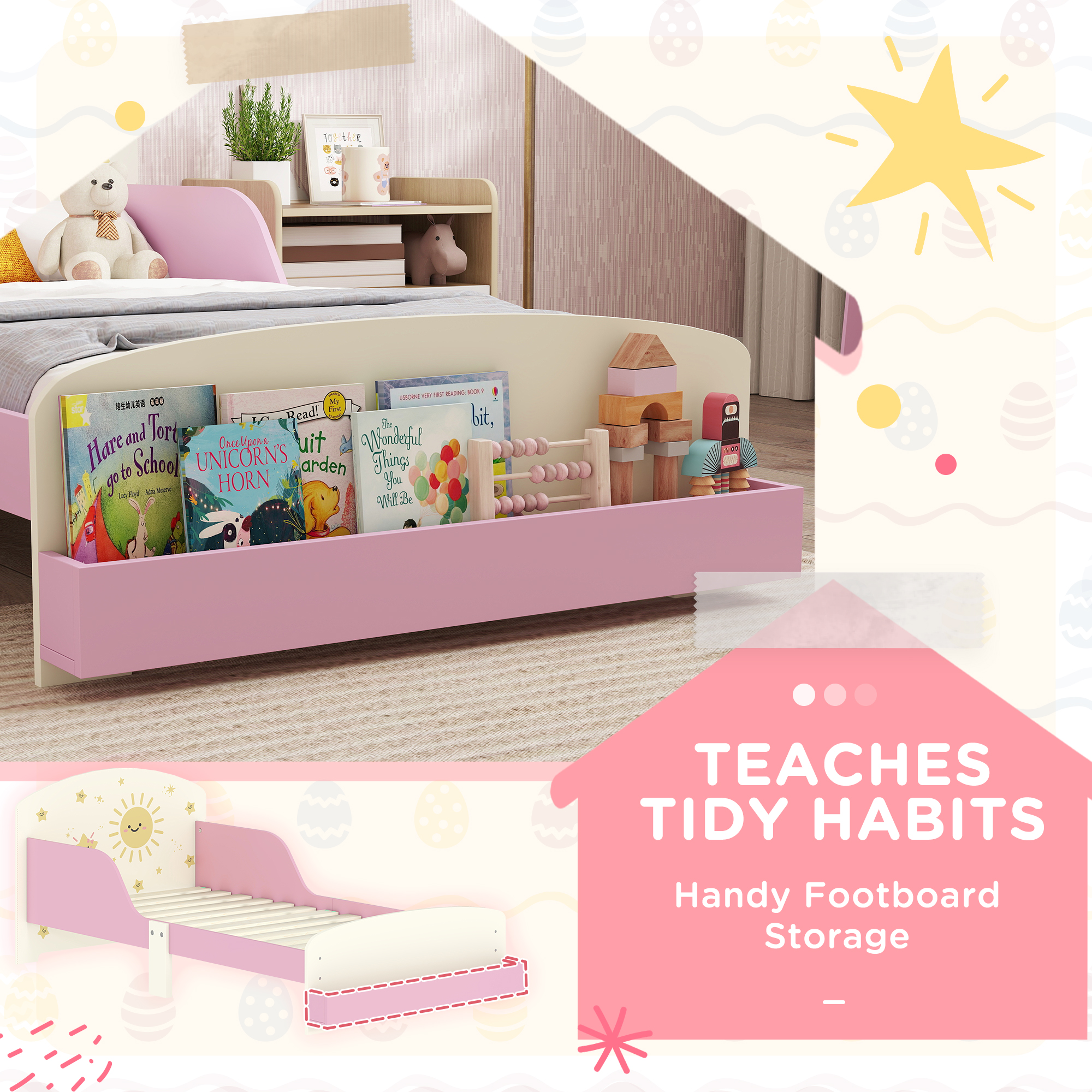 AIYAPLAY Toddler Bed with Storage, Guardrails, Sun Design, for Ages 3-8 Years, Fits 140 x 70cm Mattress, 6