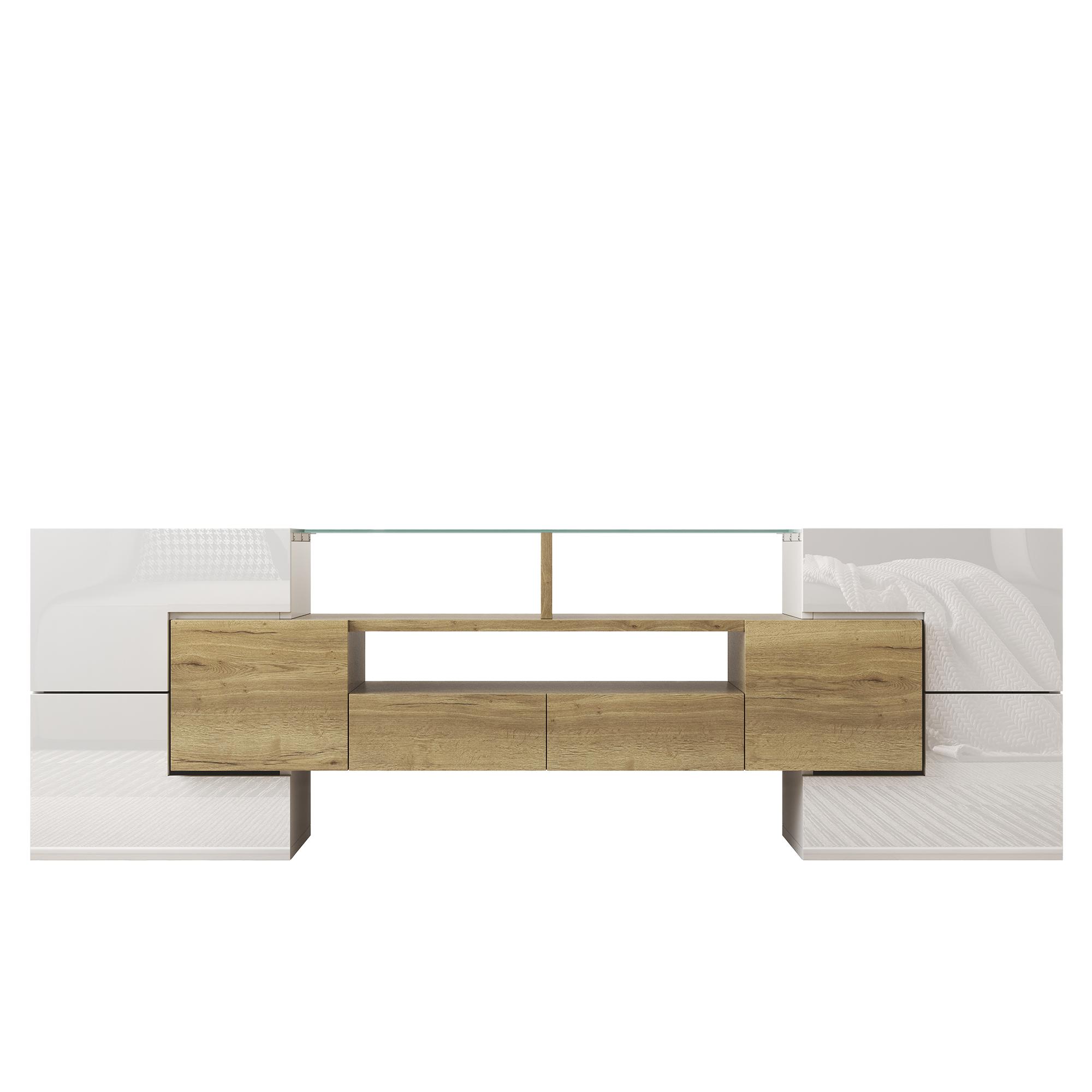 Mobile TV con illuminazione LED, superfici in vetro, con 6 ante, 2 cassetti e 3 scomparti, 145x30x51 cm, Bianco+Colore naturale