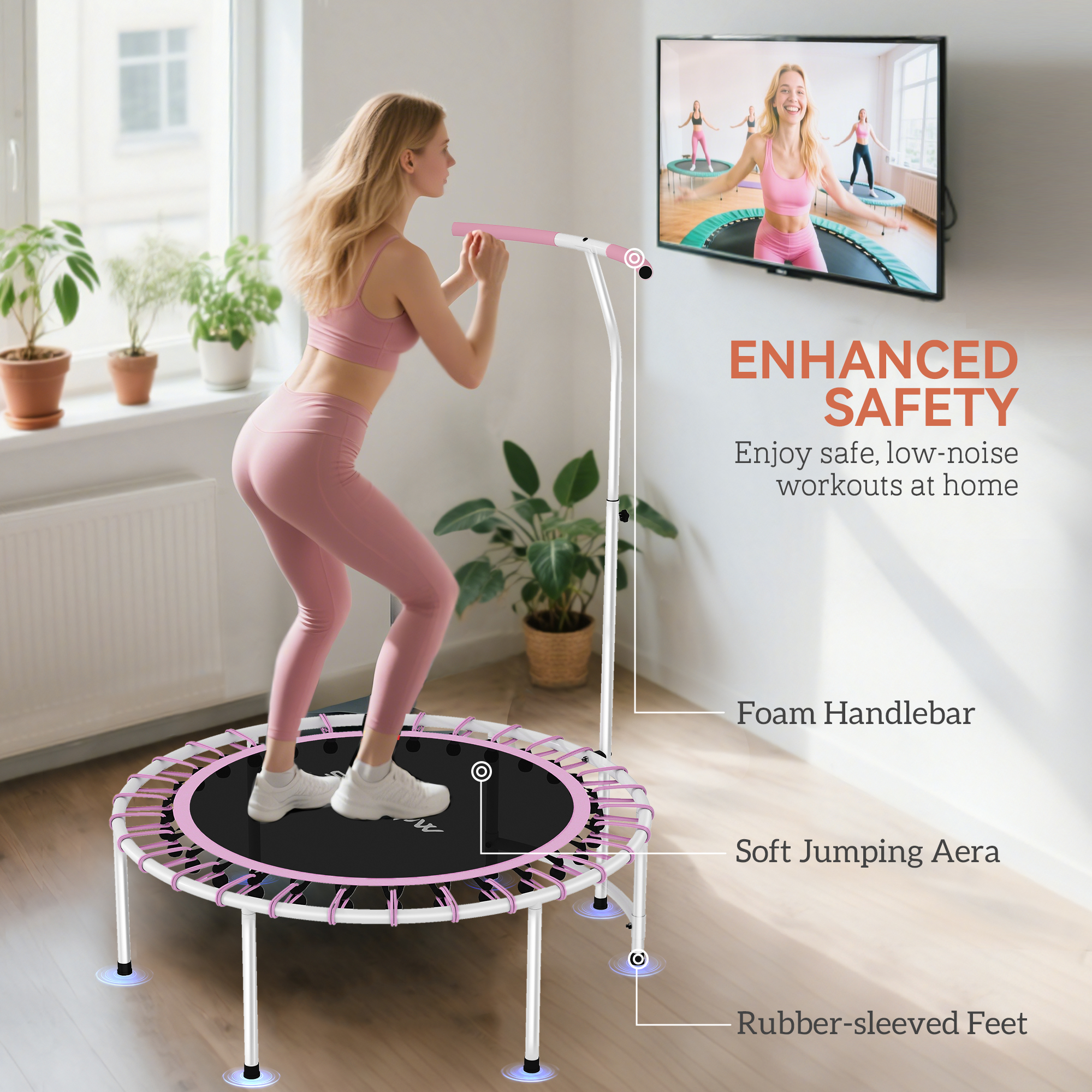 SPORTNOW 40" Fitness Trampoline, Mini Rebounder Trampoline for Adults with 5-Level Adjustable Handle, Indoor Exercise Bungee Rebounder, Max Load 100KG, Purple 6