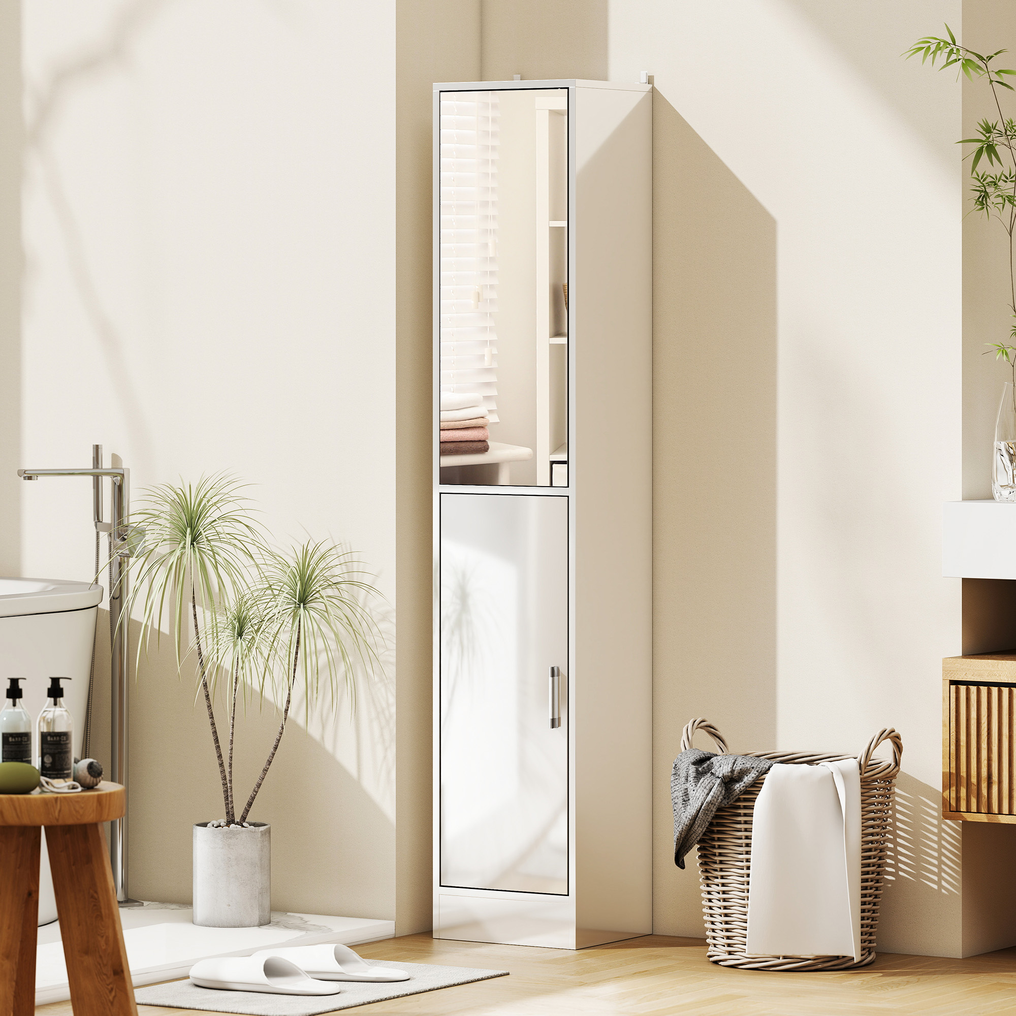 kleankin Tall Bathroom Cabinet with Mirror and Adjustable Shelf High Gloss White 2