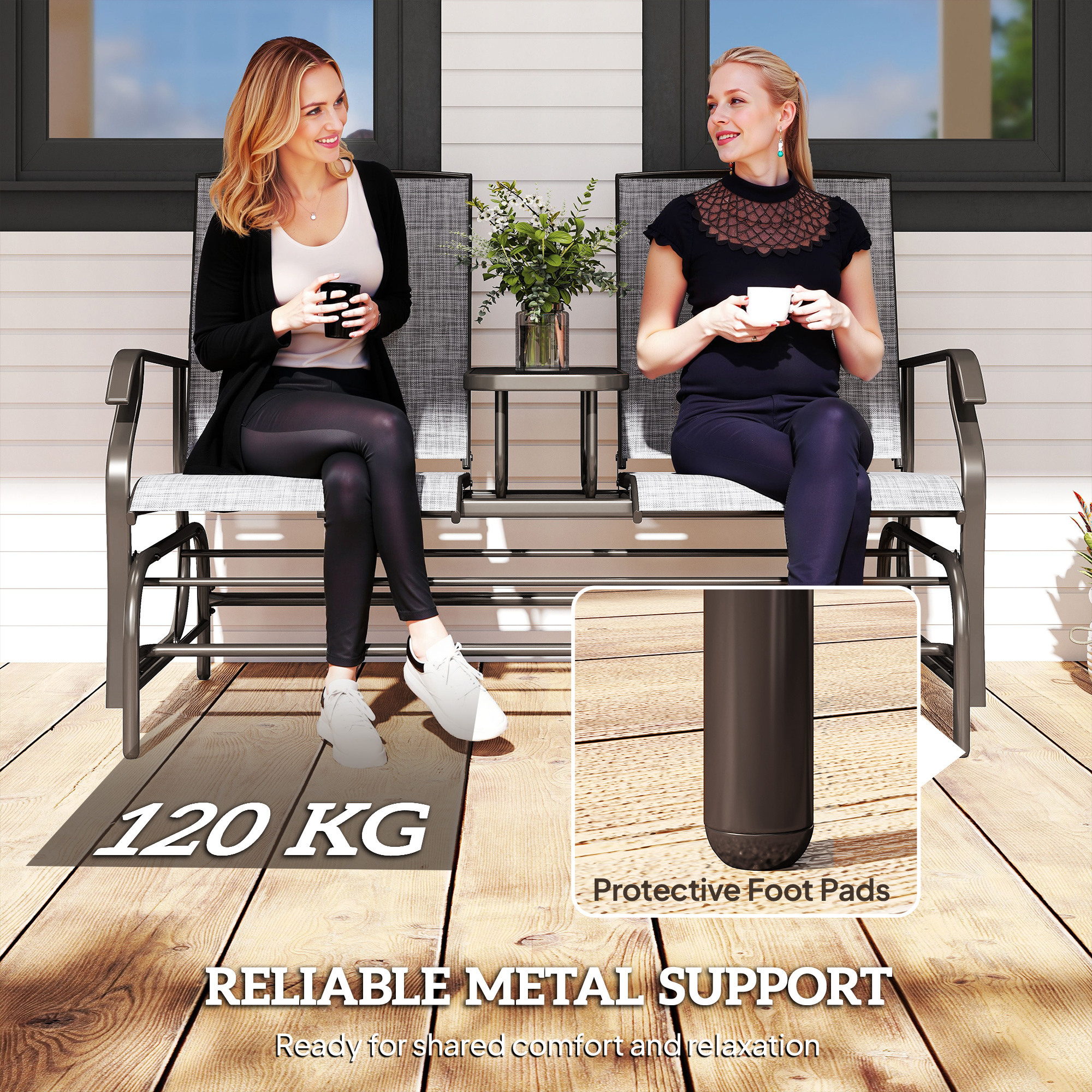 Outsunny 2 Seats Garden Glider Bench, Metal Frame Loveseat with Glass Top  Centre Table, Porch Rocking Glider for 2 Person, for Deck, Patio, Brown/ Grey 7
