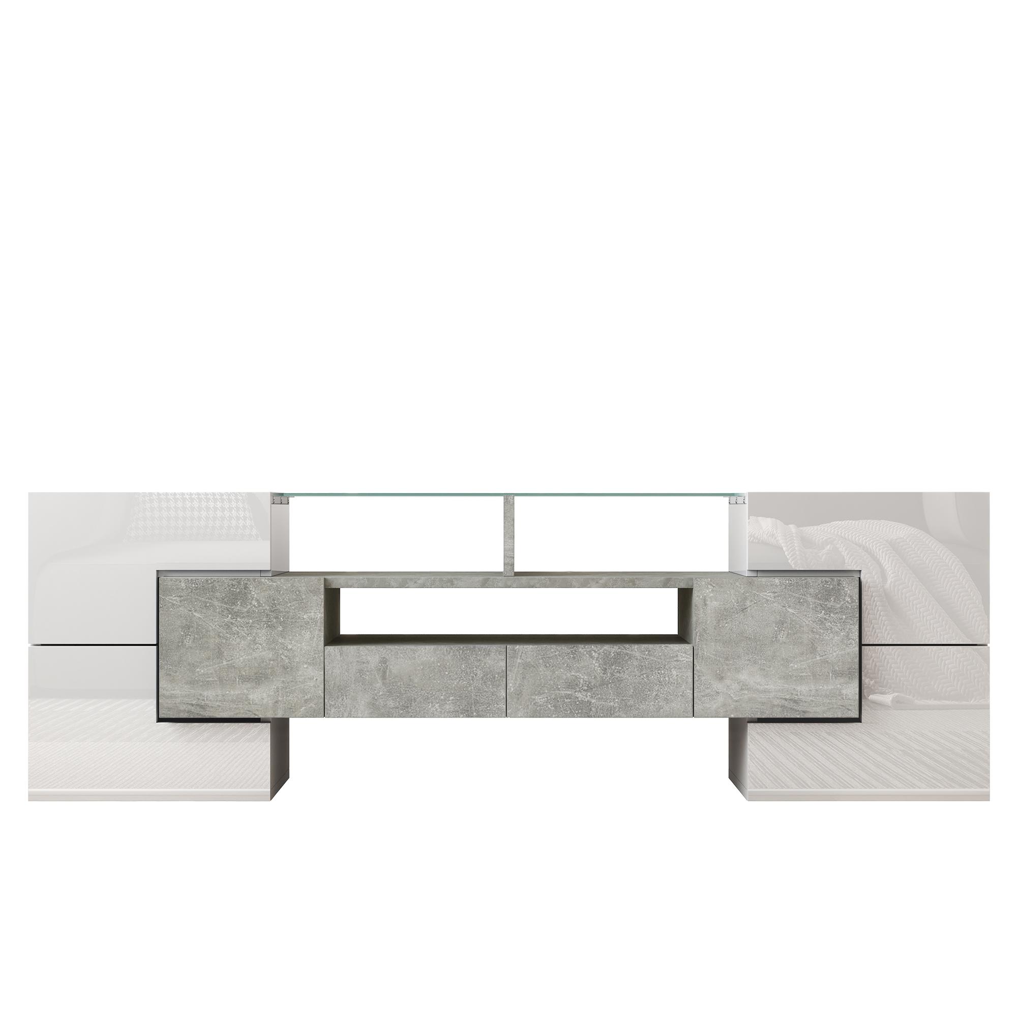 Mobile TV con illuminazione LED, superfici in vetro, con 6 ante, 2 cassetti e 3 scomparti, 145x30x51 cm, Bianco+Grigio