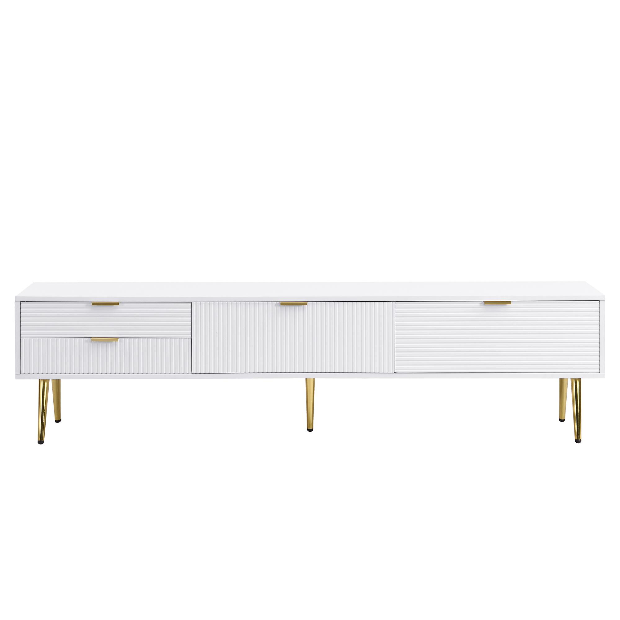 Mobile TV con cassetti e ante, maniglie e gambe dorate, 175x35x40 cm, Bianco