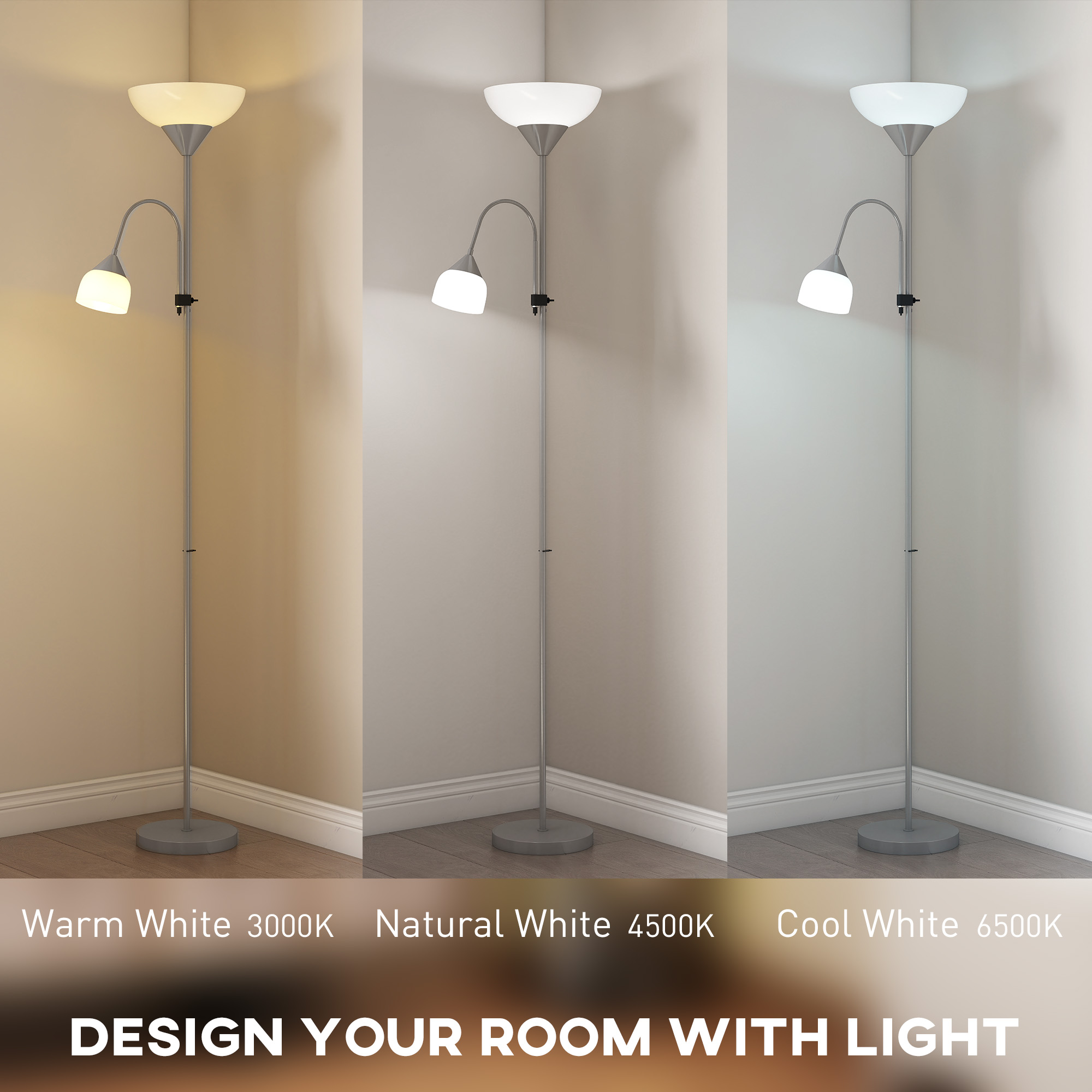 HOMCOM LED Floor Lamp for Living Room, 180cm Tall Standing Lamp, Mother and Child Uplighter with Adjustable Gooseneck, 3000K/4500K/6500K Colour Temperatures, Silver Tone 4