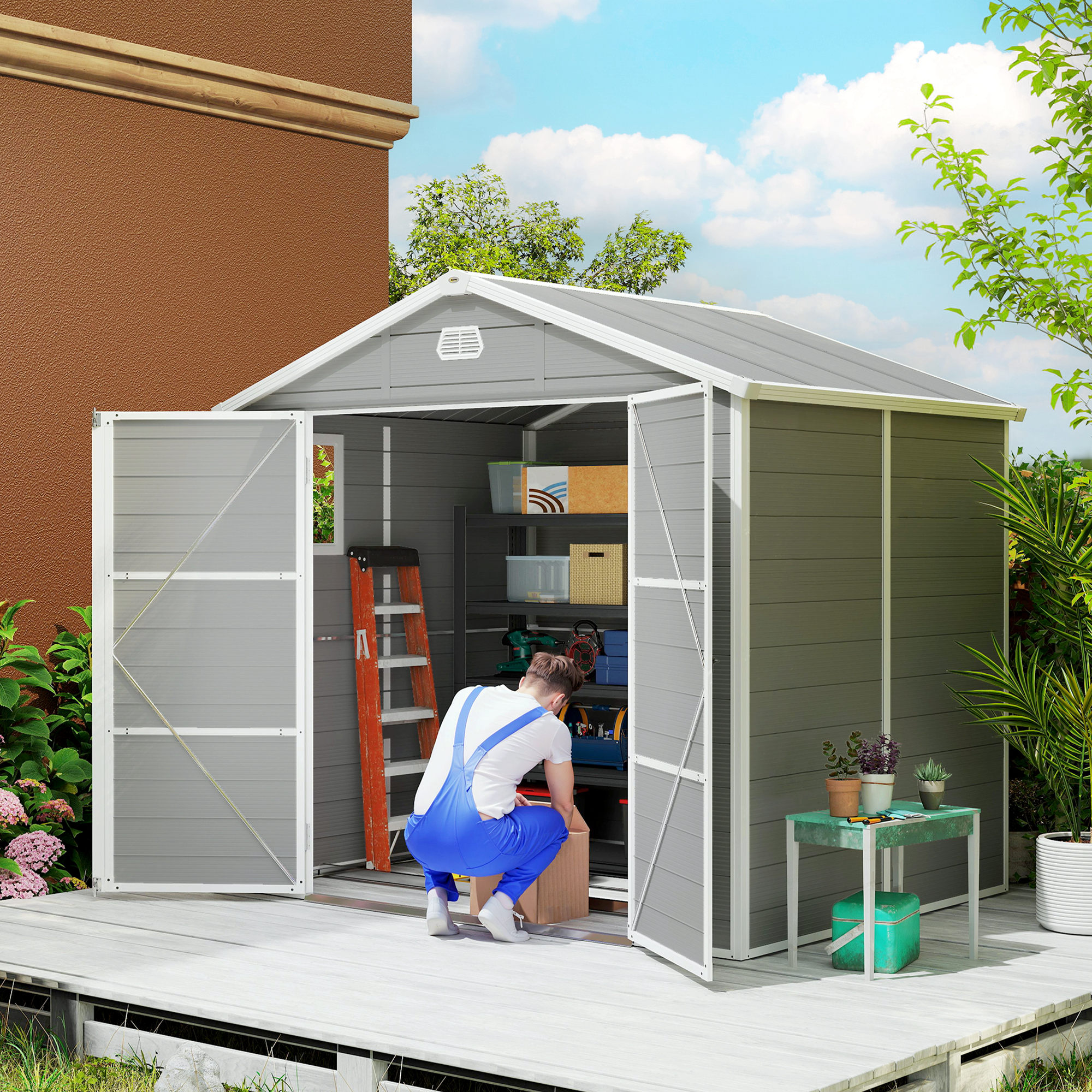 Outsunny 7.9ft x 6.2ft Aluminium Frame and Plastic Wall Shed, with Foundation Light Grey 2