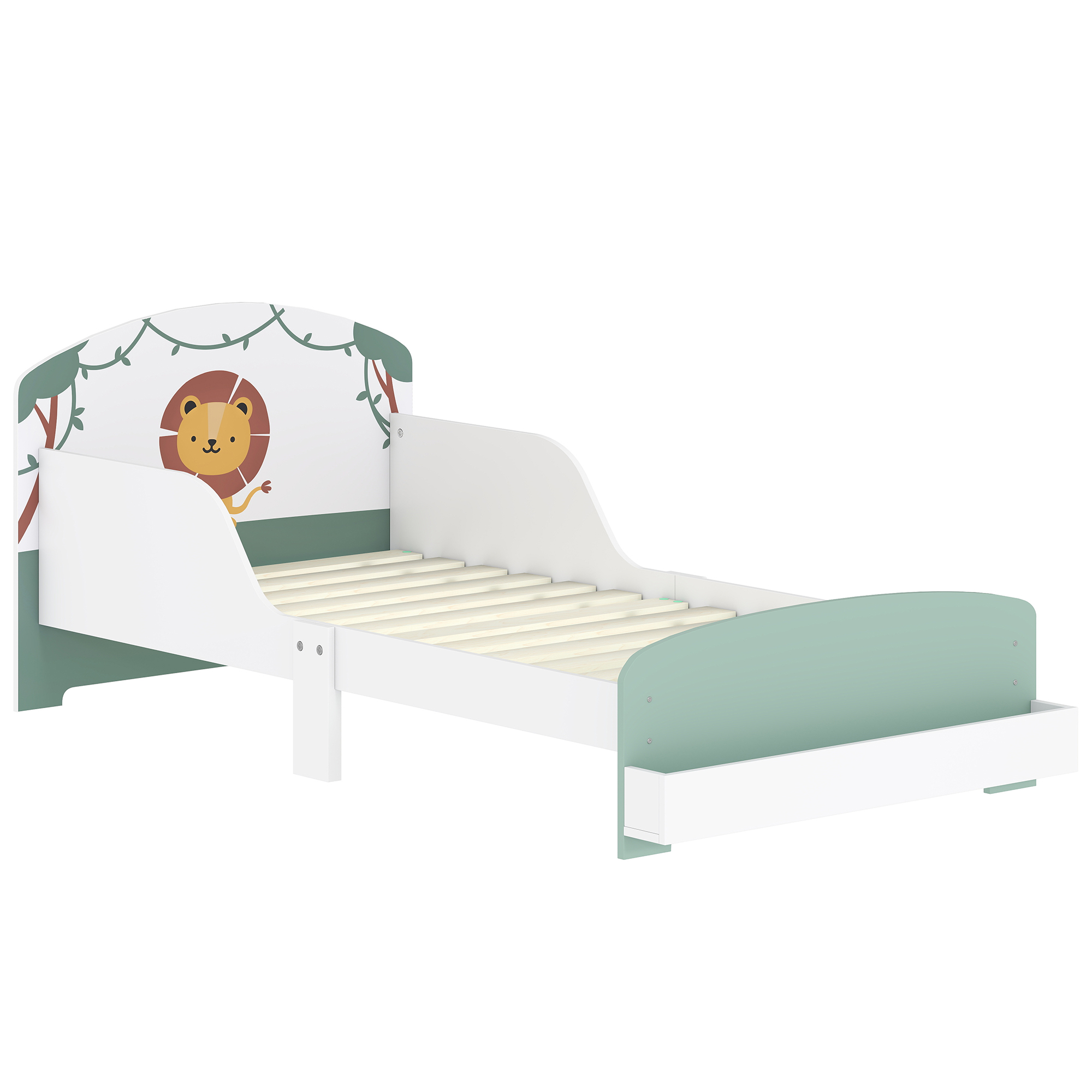 AIYAPLAY Toddler Bed with Storage, Guardrails, Lion Design, for Ages 3-8 Years, Fits 140 x 70cm Mattress, Green