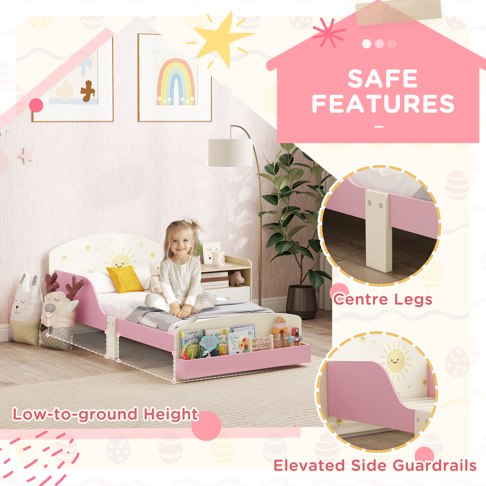 AIYAPLAY Toddler Bed with Storage, Guardrails, Sun Design, for Ages 3-8 Years, Fits 140 x 70cm Mattress, 4