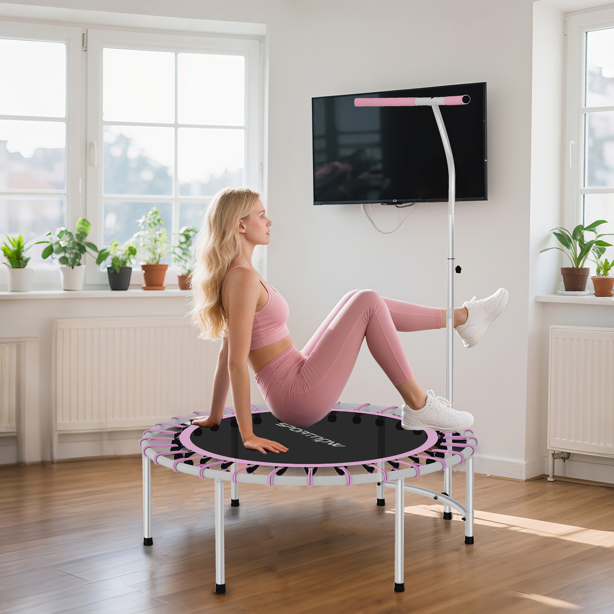 SPORTNOW 40" Fitness Trampoline, Mini Rebounder Trampoline for Adults with 5-Level Adjustable Handle, Indoor Exercise Bungee Rebounder, Max Load 100KG, Purple 9