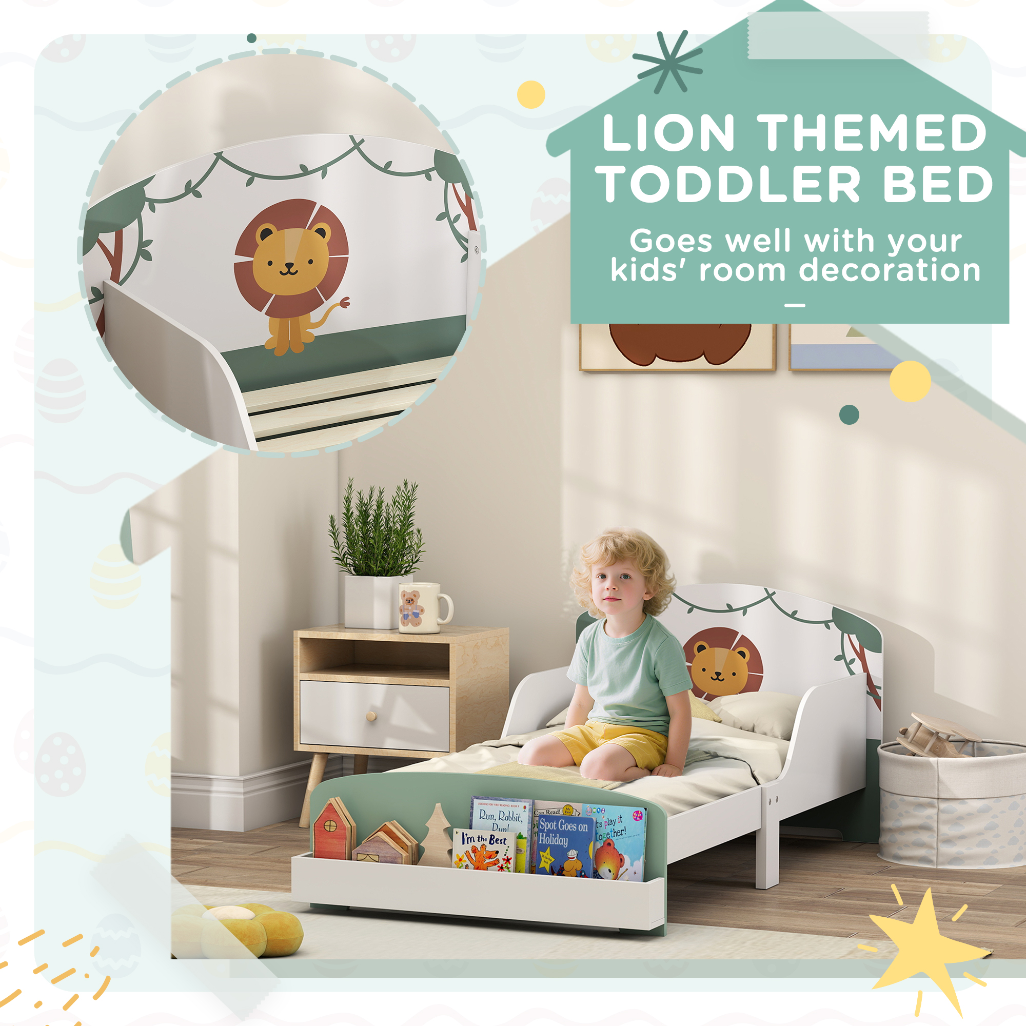 AIYAPLAY Toddler Bed with Storage, Guardrails, Lion Design, for Ages 3-8 Years, Fits 140 x 70cm Mattress, Green 5