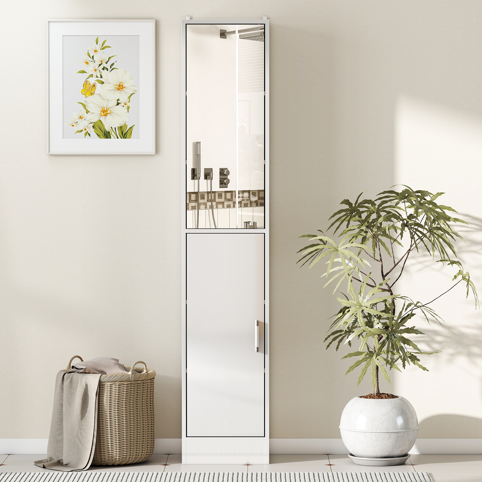 kleankin Tall Bathroom Cabinet with Mirror and Adjustable Shelf High Gloss White 7