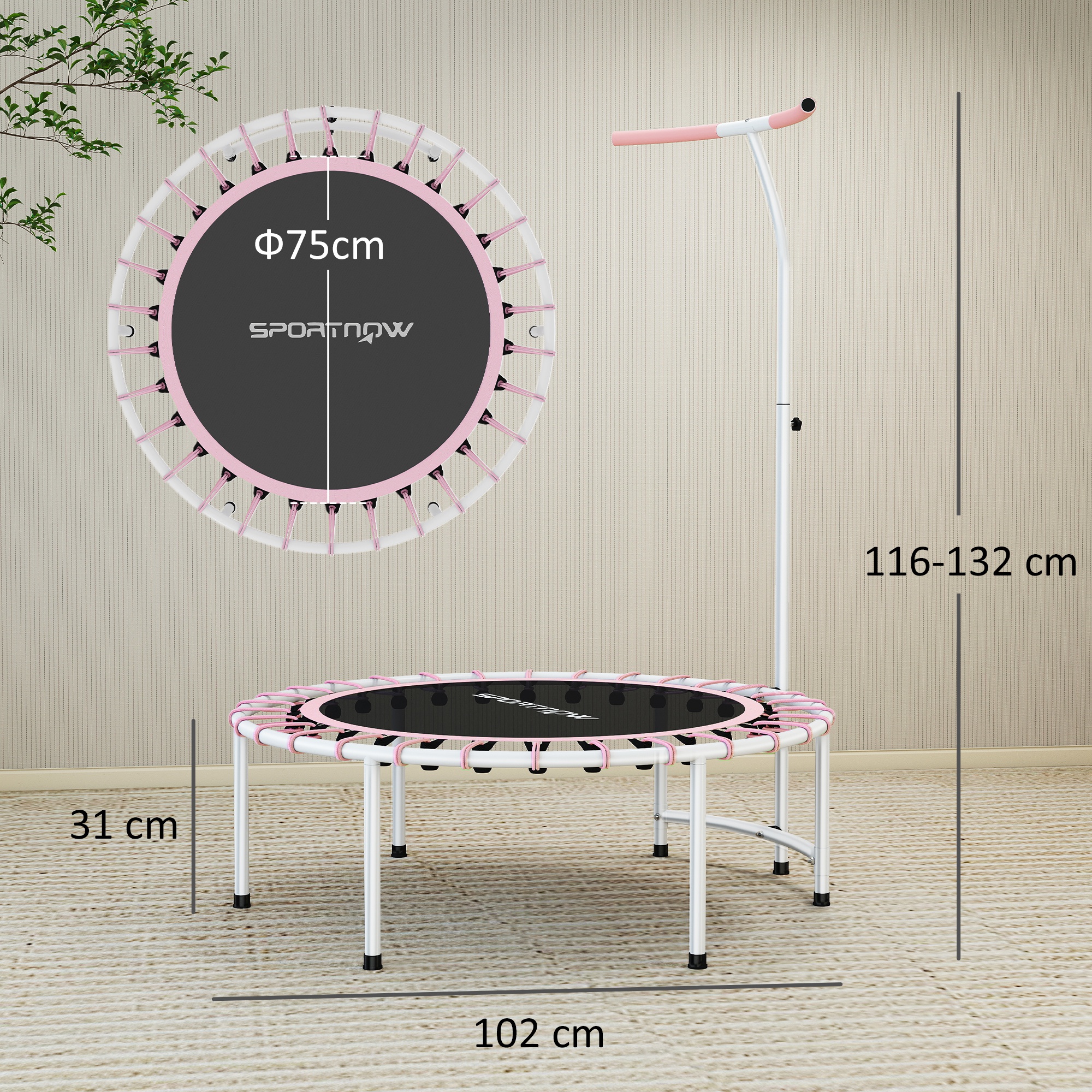 SPORTNOW 40" Fitness Trampoline, Mini Rebounder Trampoline for Adults with 5-Level Adjustable Handle, Indoor Exercise Bungee Rebounder, Max Load 100KG, Pink 3
