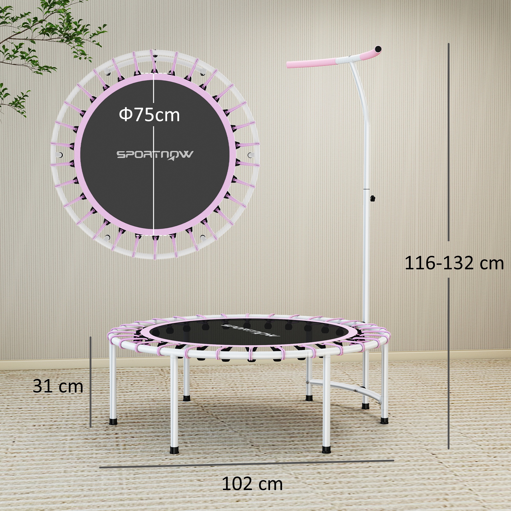 SPORTNOW 40" Fitness Trampoline, Mini Rebounder Trampoline for Adults with 5-Level Adjustable Handle, Indoor Exercise Bungee Rebounder, Max Load 100KG, Purple 3