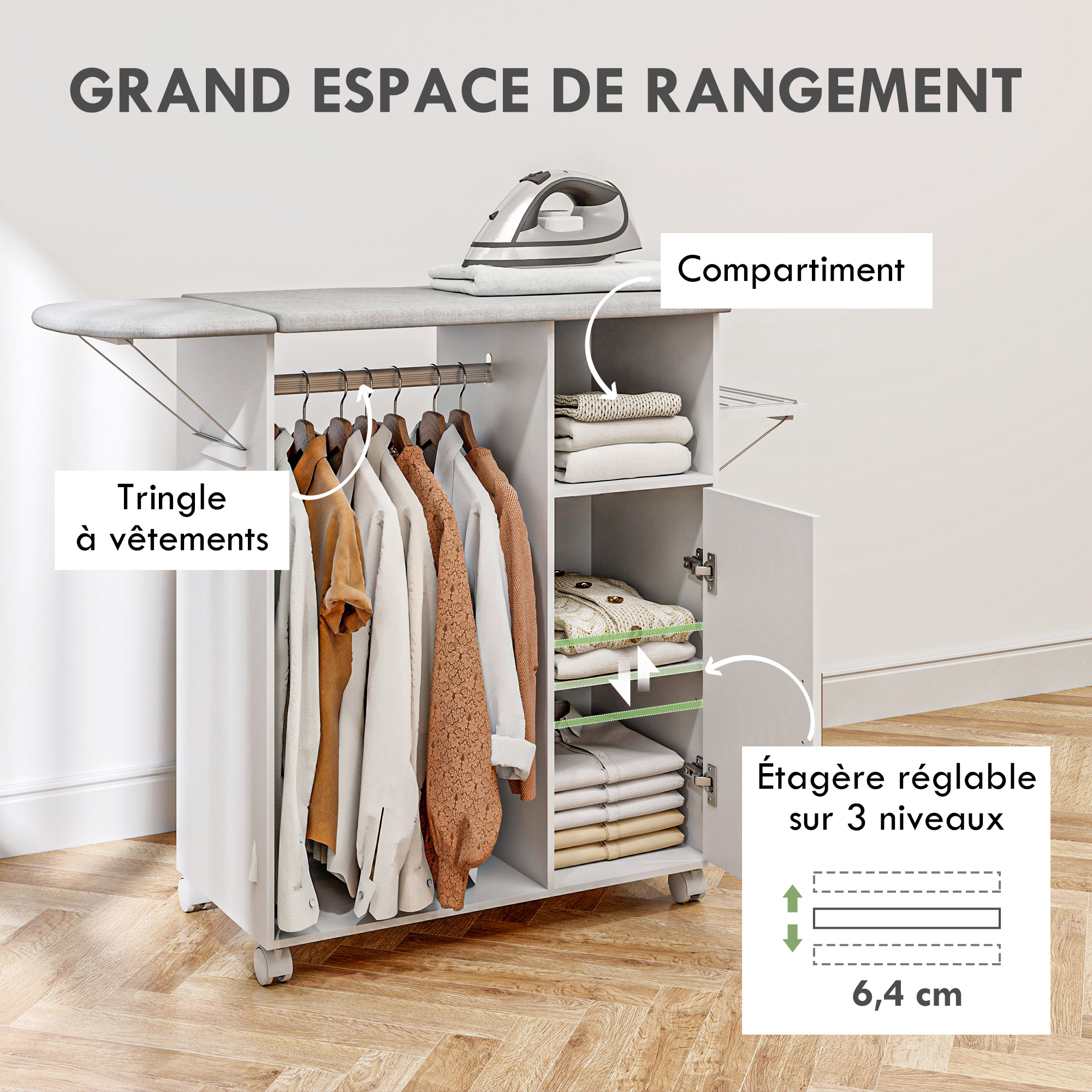 Meuble à Repasser - HOMCOM - Sur Roulettes - Table à Repasser Pliante - Panneau De Particules - 127x42,5x99cm - Blanc