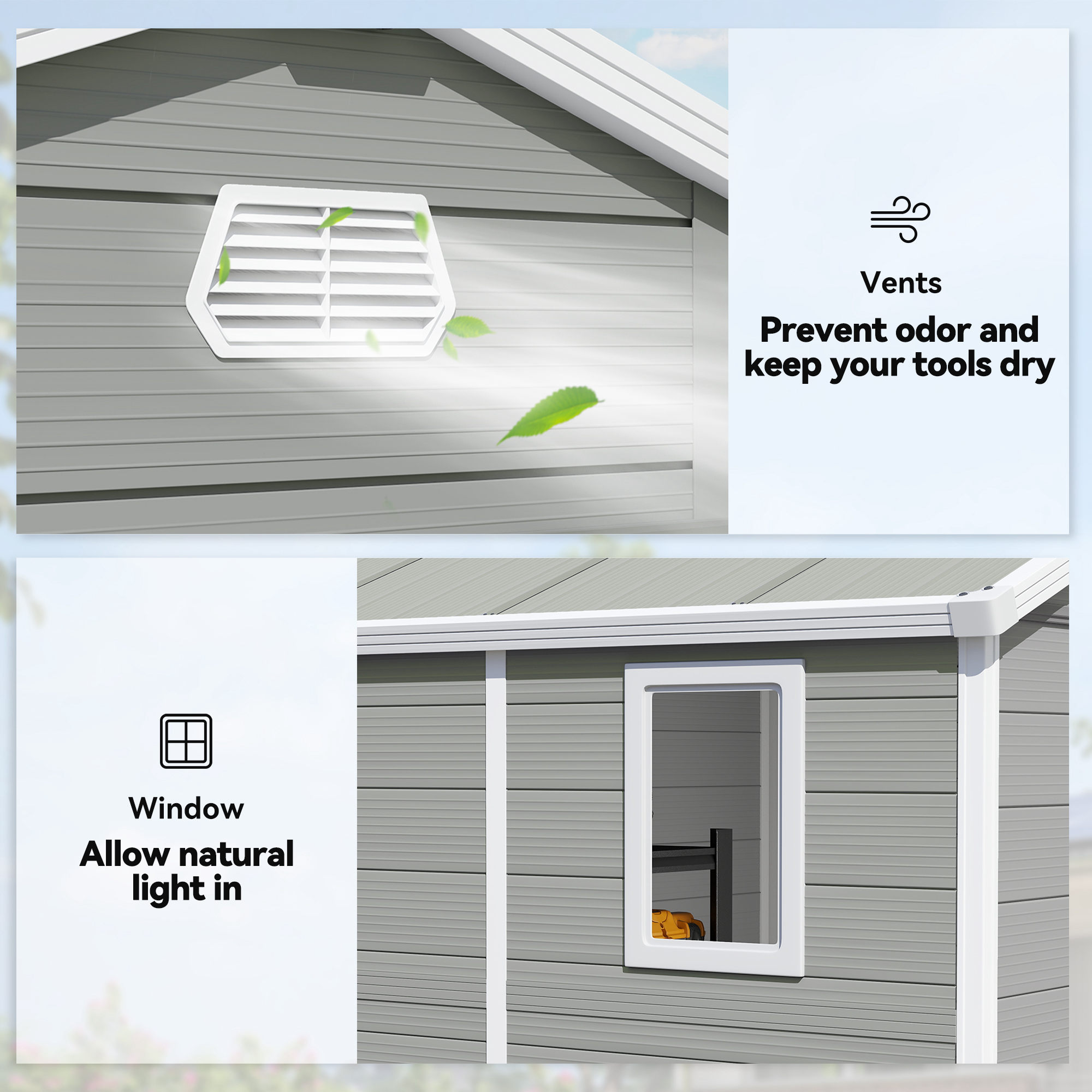 Outsunny 7.9ft x 6.2ft Aluminium Frame and Plastic Wall Shed, with Foundation Light Grey 6