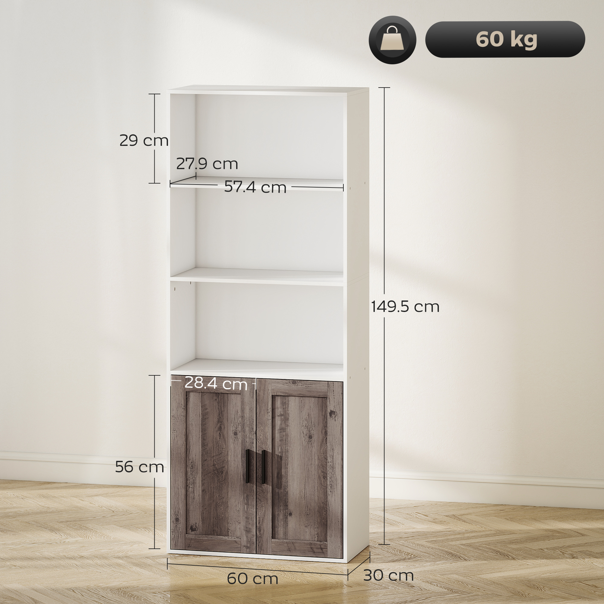 HOMCOM Libreria Scaffale a 6 Livelli, Libreria Verticale Salvaspazio con Armadietto, Ripiano Regolabile e Cassetto, per Soggiorno Camera da Letto Ufficio Studio, 30x24x158 cm, Bianco