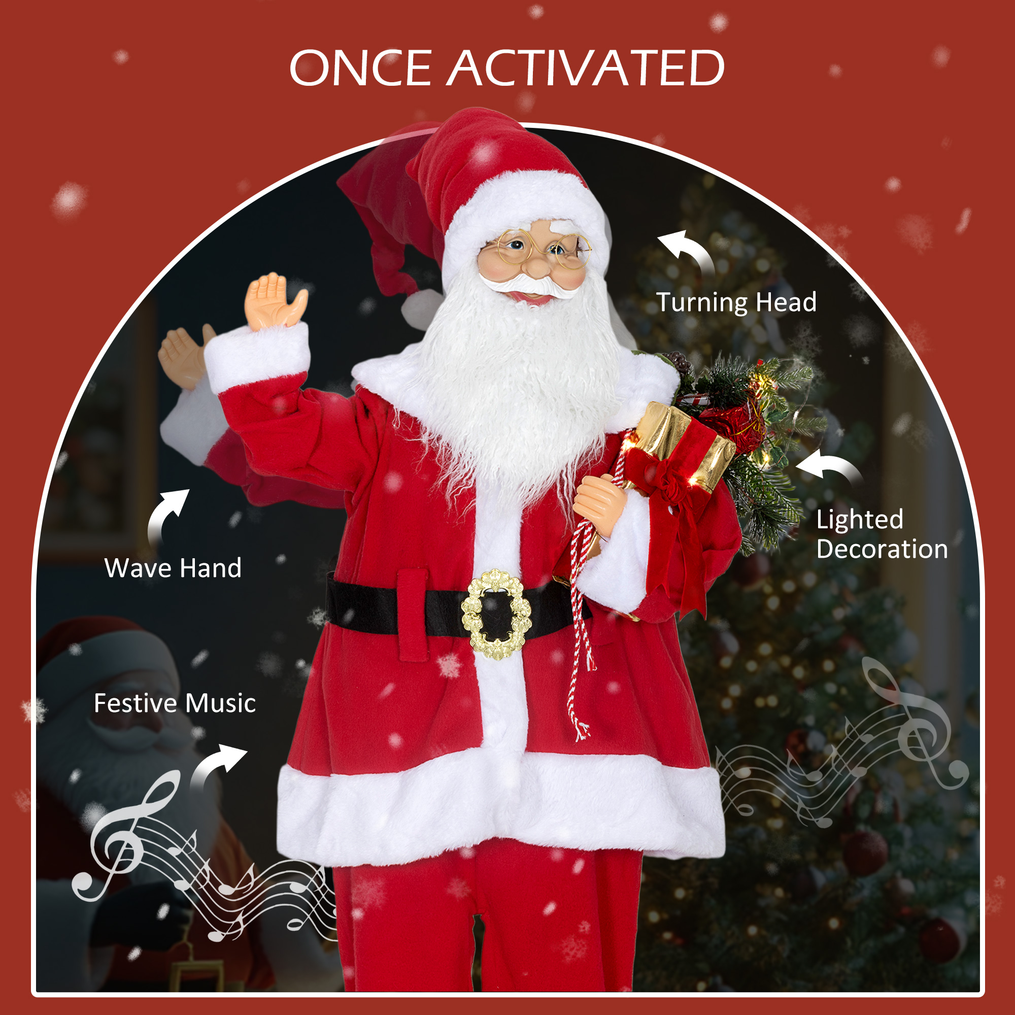 HOMCOM Life Size Santa Claus Christmas Decoration, Voice-Activated with Twinkling LED Lights, Red 5