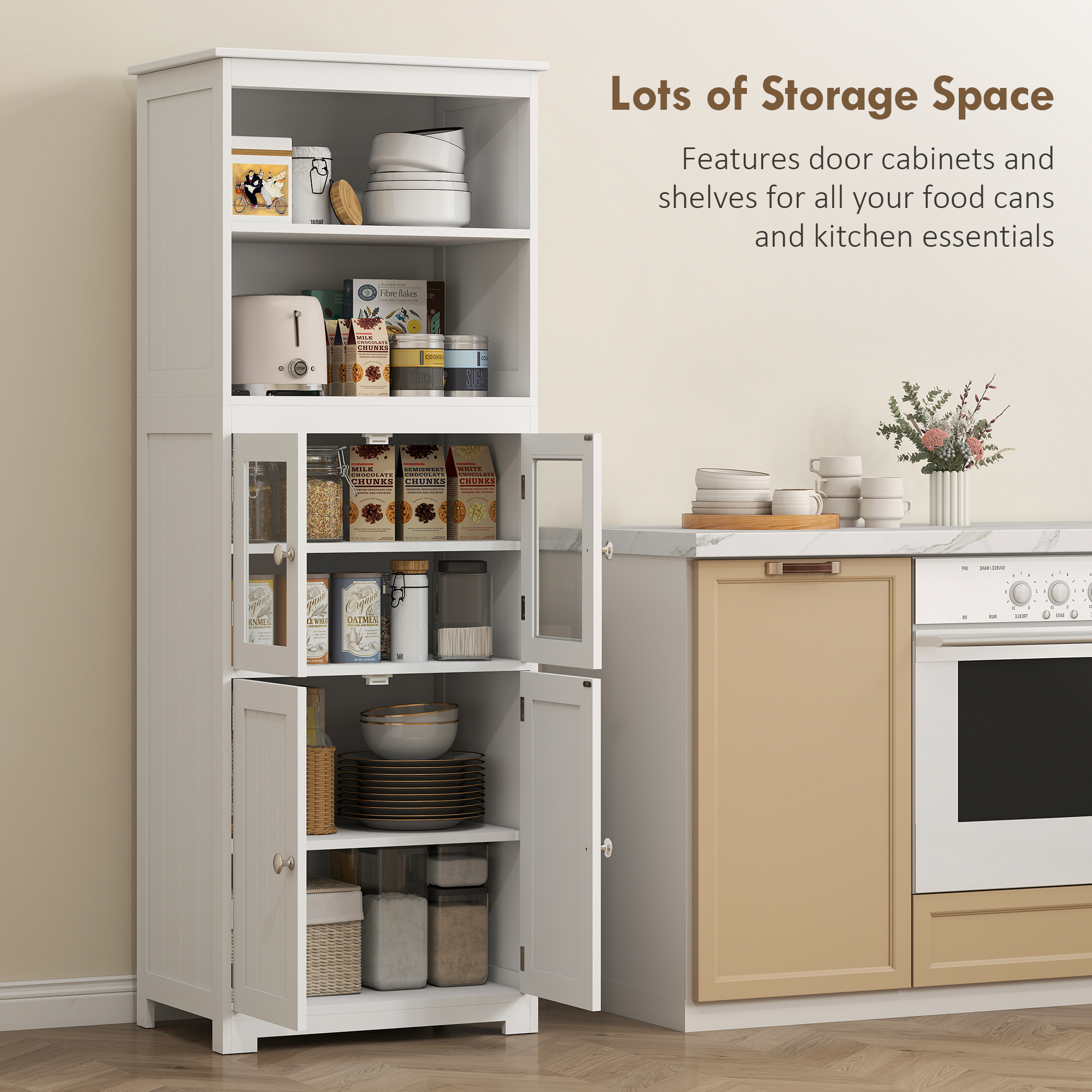 HOMCOM Freestanding Kitchen Cupboard, 4-Door Storage Cabinet with Adjustable Shelf and Glass Doors for Dining Room, Living Room, White 4