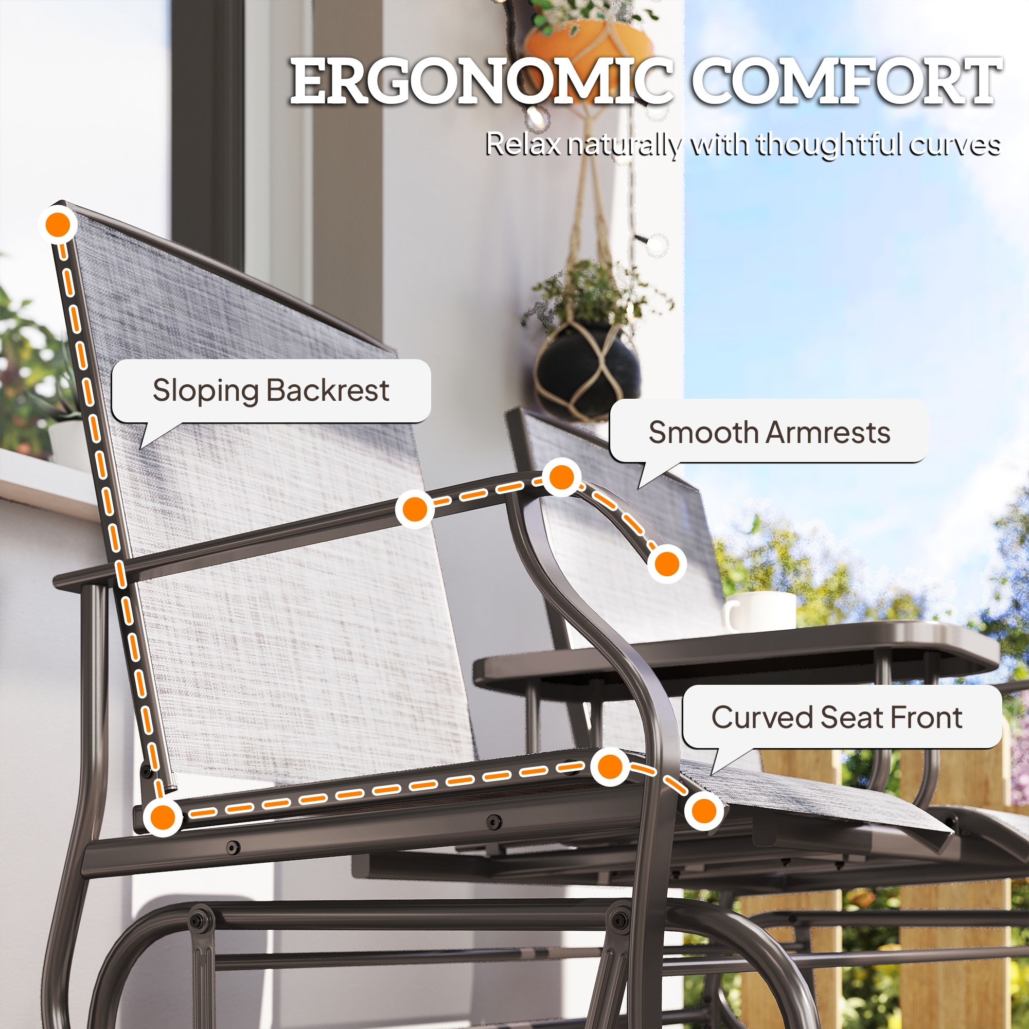 Outsunny 2 Seats Garden Glider Bench, Metal Frame Loveseat with Glass Top  Centre Table, Porch Rocking Glider for 2 Person, for Deck, Patio, Brown/ Grey 8