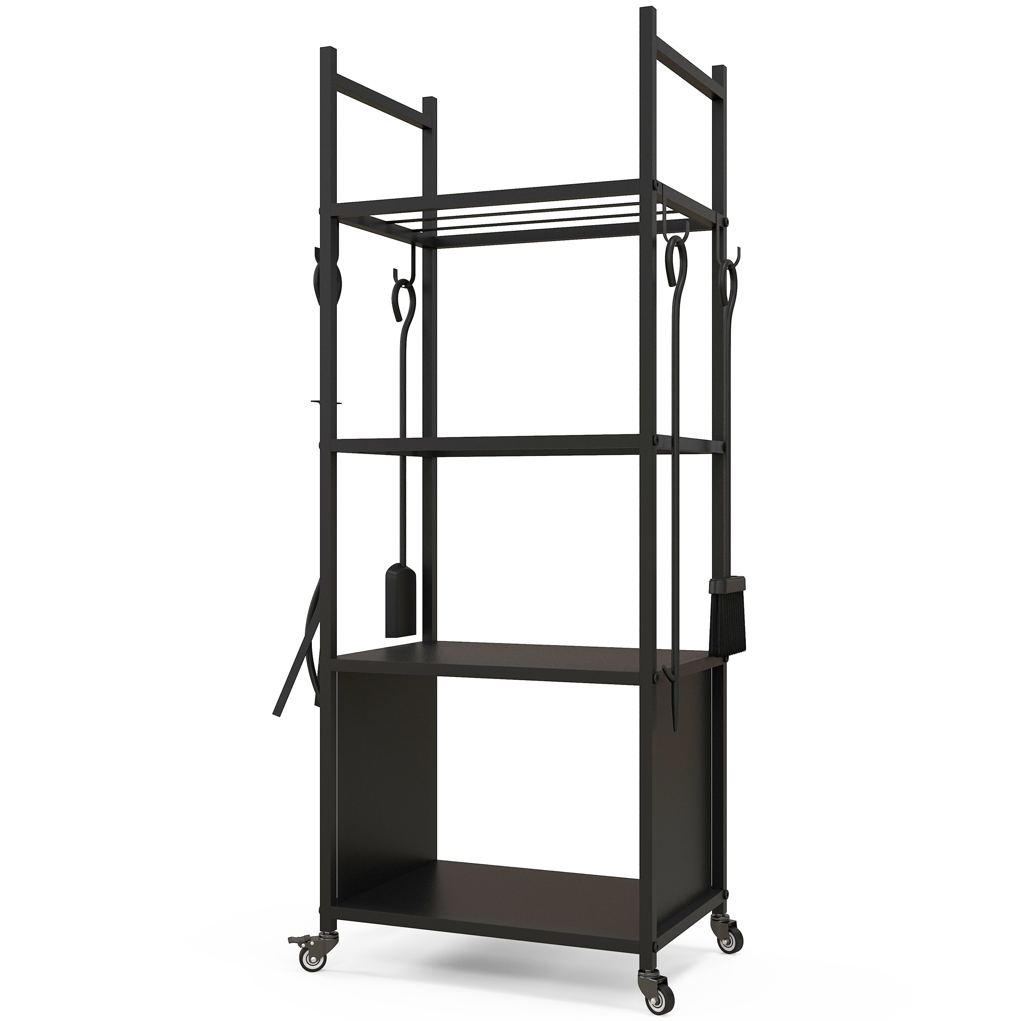 Outsunny Chariot range bûches intérieur, porte-bûches roulettes, 4 outils de cheminée, 4 étagères, métal, 45 x 30 x 118 cm, noir