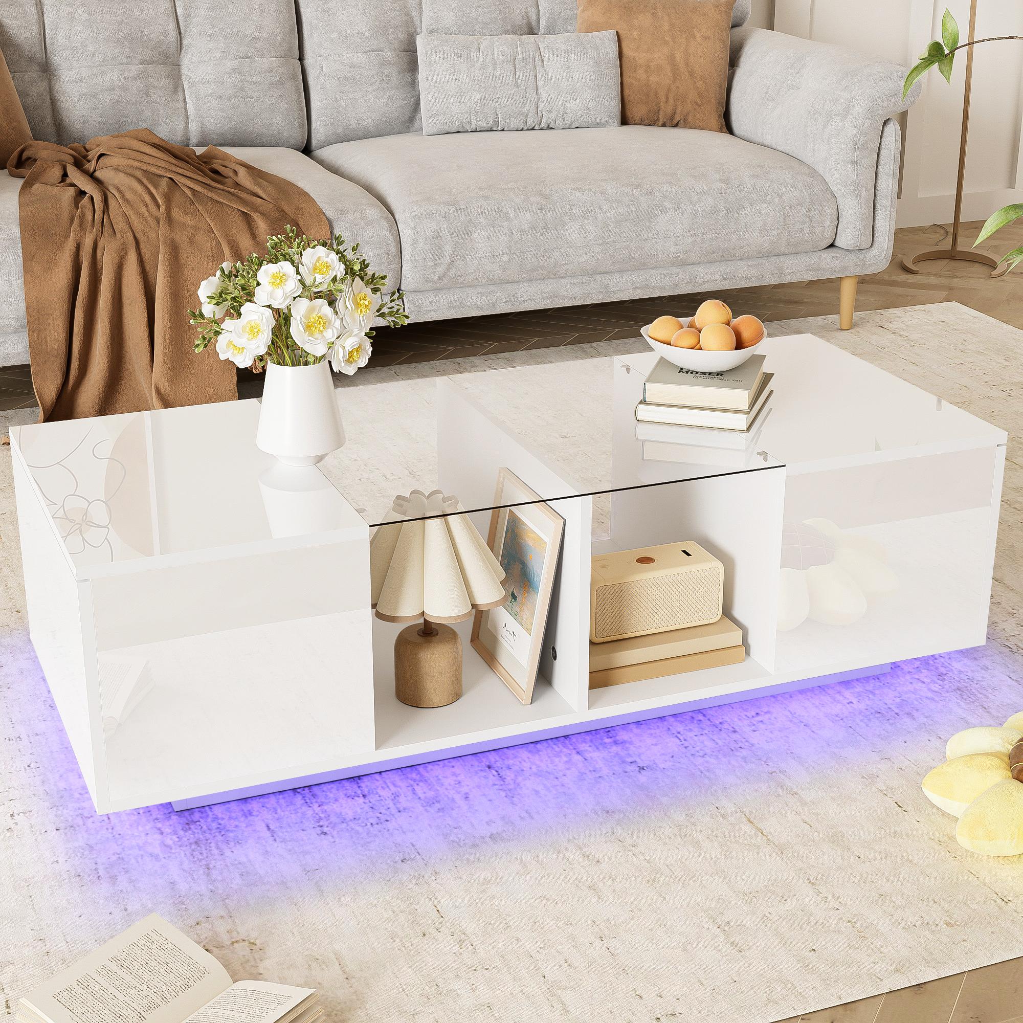 Couchtisch mit LED-Beleuchtung, Hochglänzender Tischplatte, Großzügigem Sta günstig online kaufen