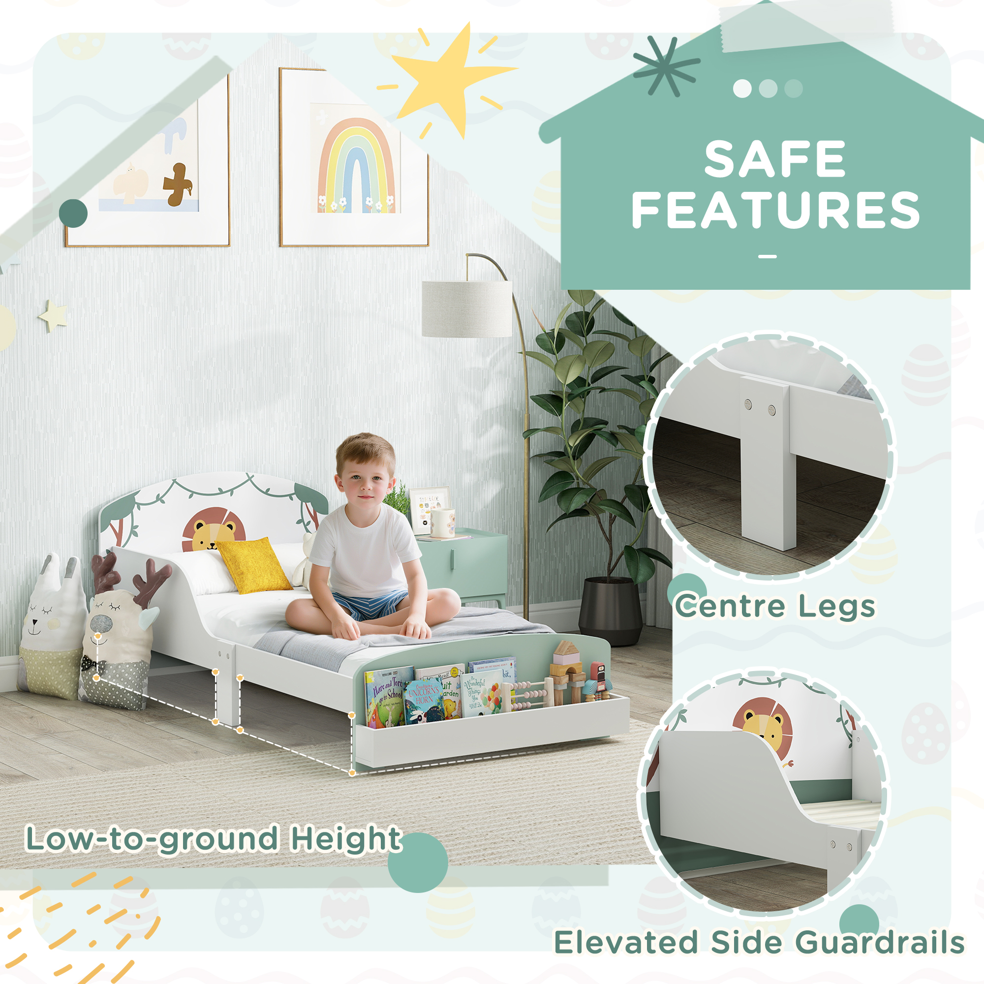 AIYAPLAY Toddler Bed with Storage, Guardrails, Lion Design, for Ages 3-8 Years, Fits 140 x 70cm Mattress, Green 4