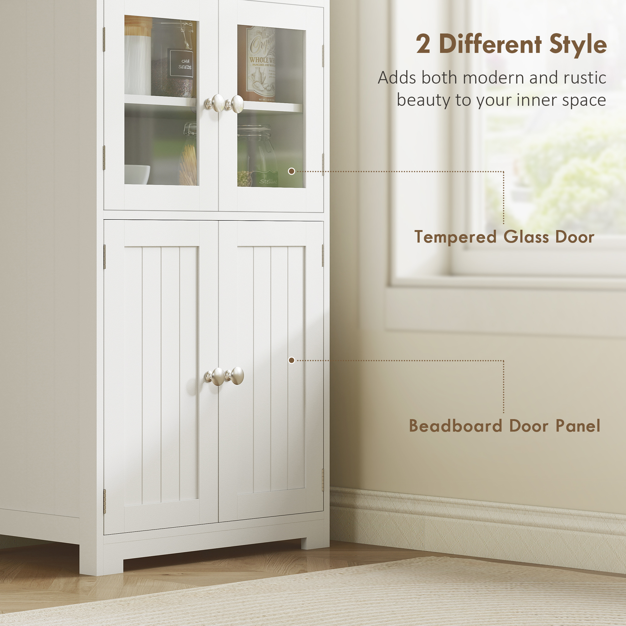 HOMCOM Freestanding Kitchen Cupboard, 4-Door Storage Cabinet with Adjustable Shelf and Glass Doors for Dining Room, Living Room, White 5