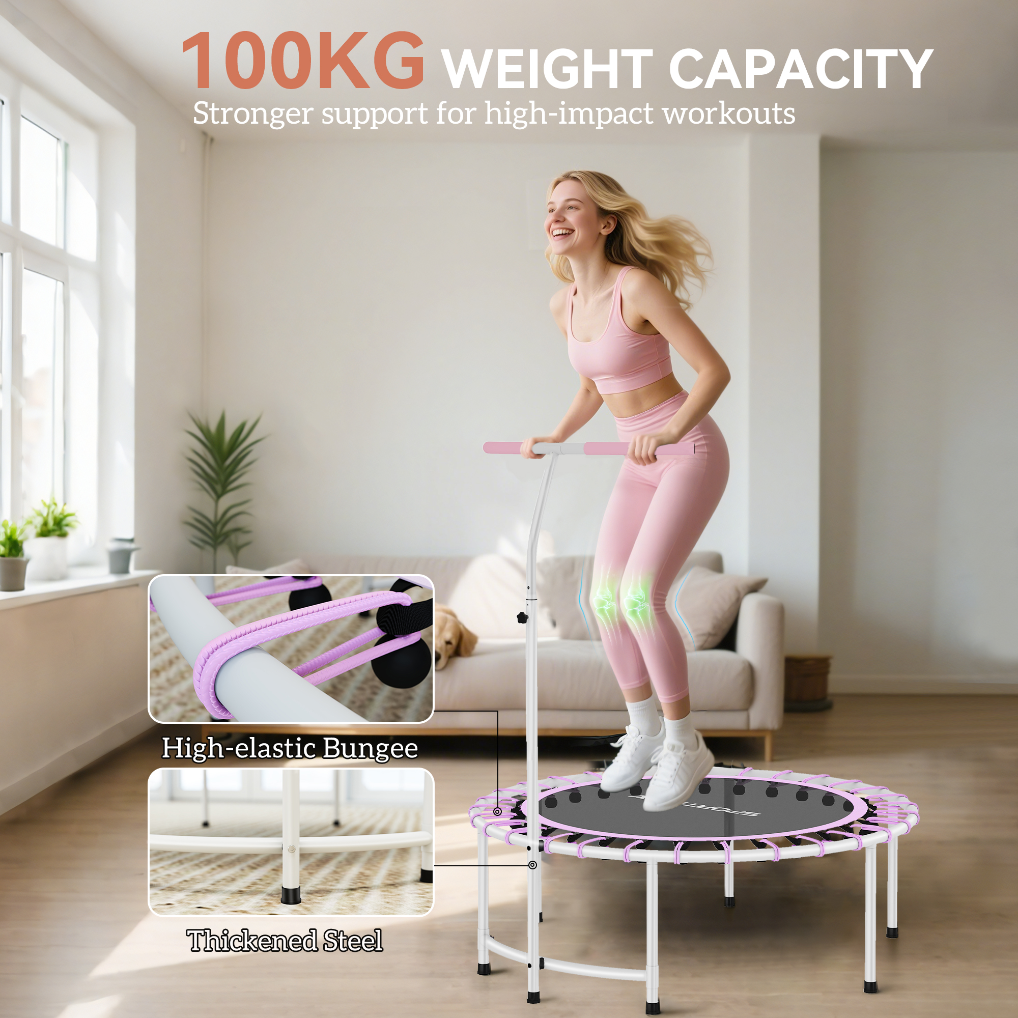 SPORTNOW 40" Fitness Trampoline, Mini Rebounder Trampoline for Adults with 5-Level Adjustable Handle, Indoor Exercise Bungee Rebounder, Max Load 100KG, Purple 5