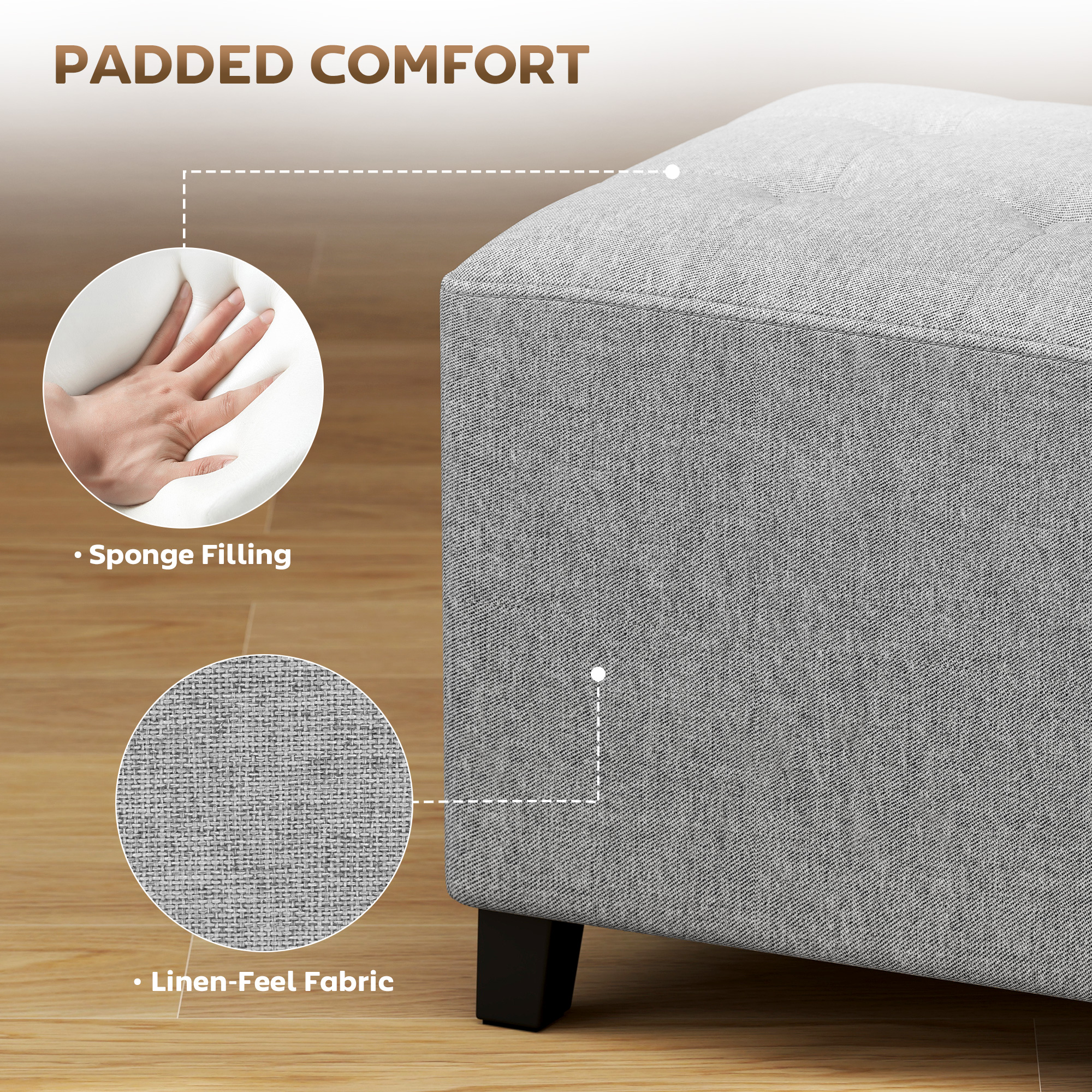 HOMCOM Square Footstool, Small Ottoman with Side Pocket, Linen Fabric Footrest Foot Stool with Rubber Wood Legs and Padded Seat for Living Room, Bedroom, Entryway, 35 x 35 x 35cm, Light Grey 6