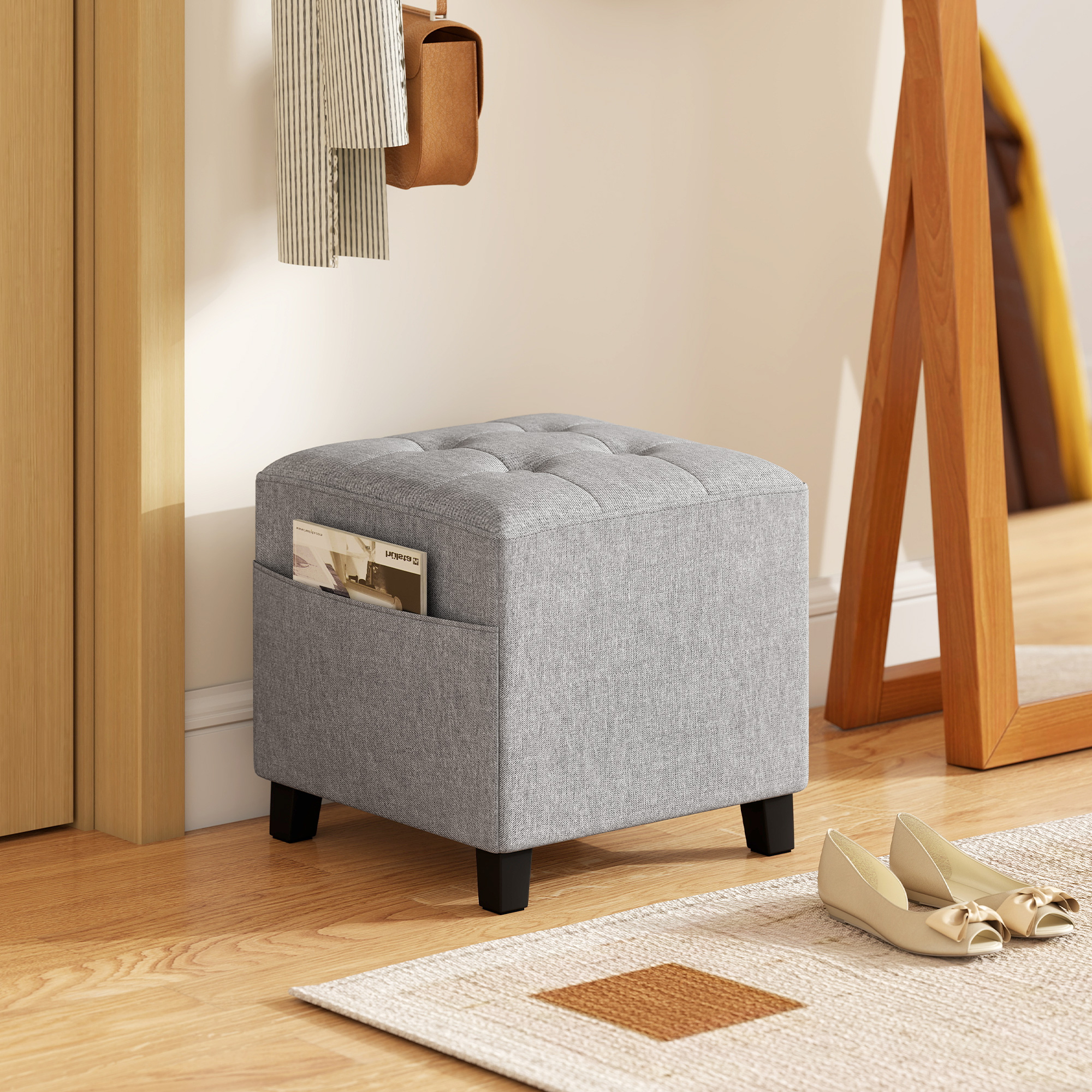 HOMCOM Square Footstool, Small Ottoman with Side Pocket, Linen Fabric Footrest Foot Stool with Rubber Wood Legs and Padded Seat for Living Room, Bedroom, Entryway, 35 x 35 x 35cm, Light Grey 2