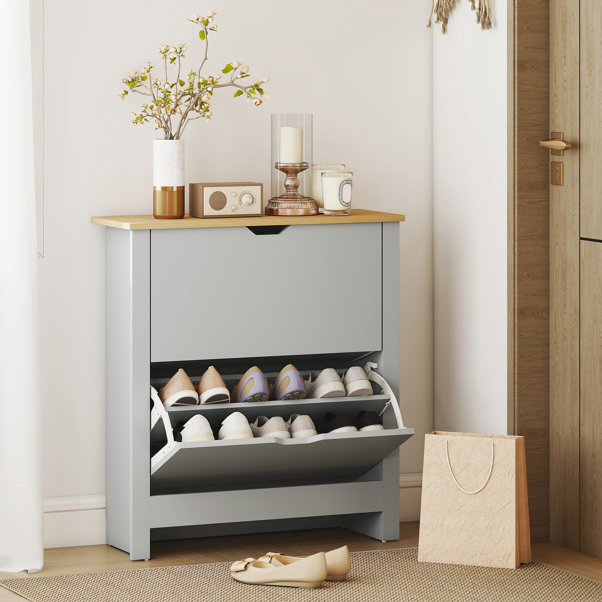 HOMCOM Slim Shoe Cabinet, Narrow Shoe Cupboard with 2 Flip Drawers, Adjustable Shelves for 12 Pairs of Shoes, Light Grey 8