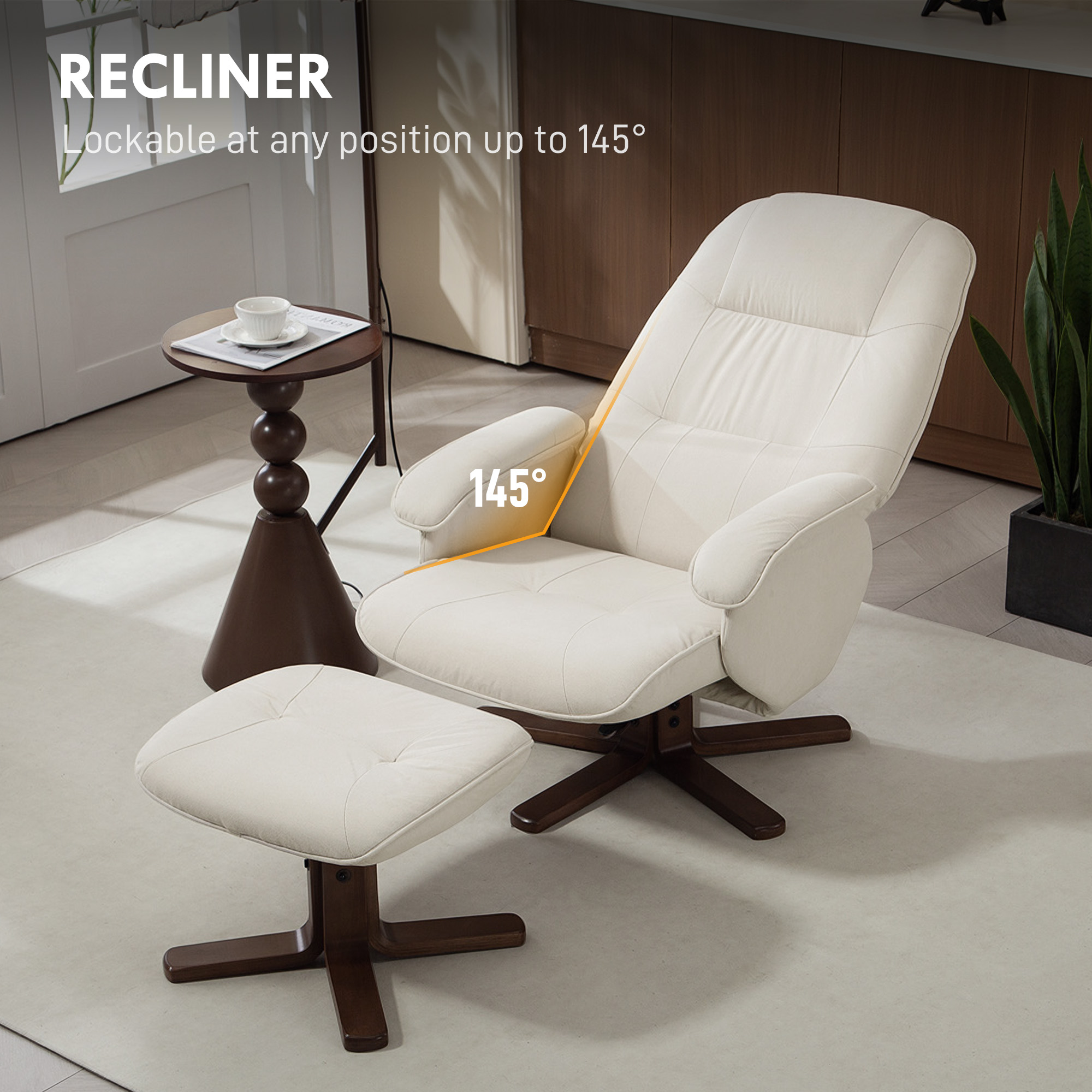 HOMCOM Linen Swivel Recliner Chair with Footstool, Upholstered Reclining Armchair with Wooden Base for Living Room, Beige 4