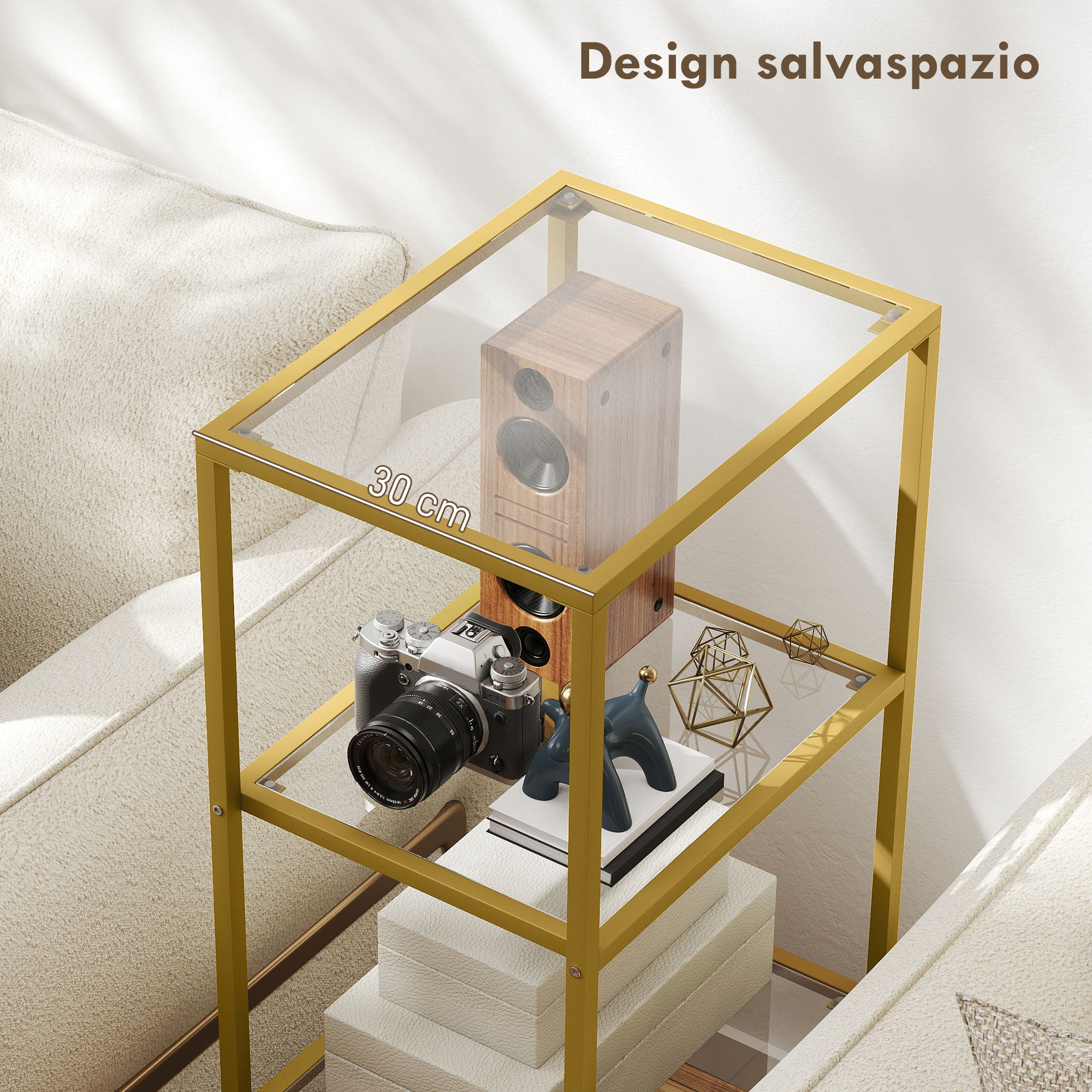 Libreria In Metallo Dorato 5 Livelli – 180 Cm Con Ripiani Effetto Marmo, Protezione Antiribaltamento, Piedini Regolabili, Per Soggiorno E Studio