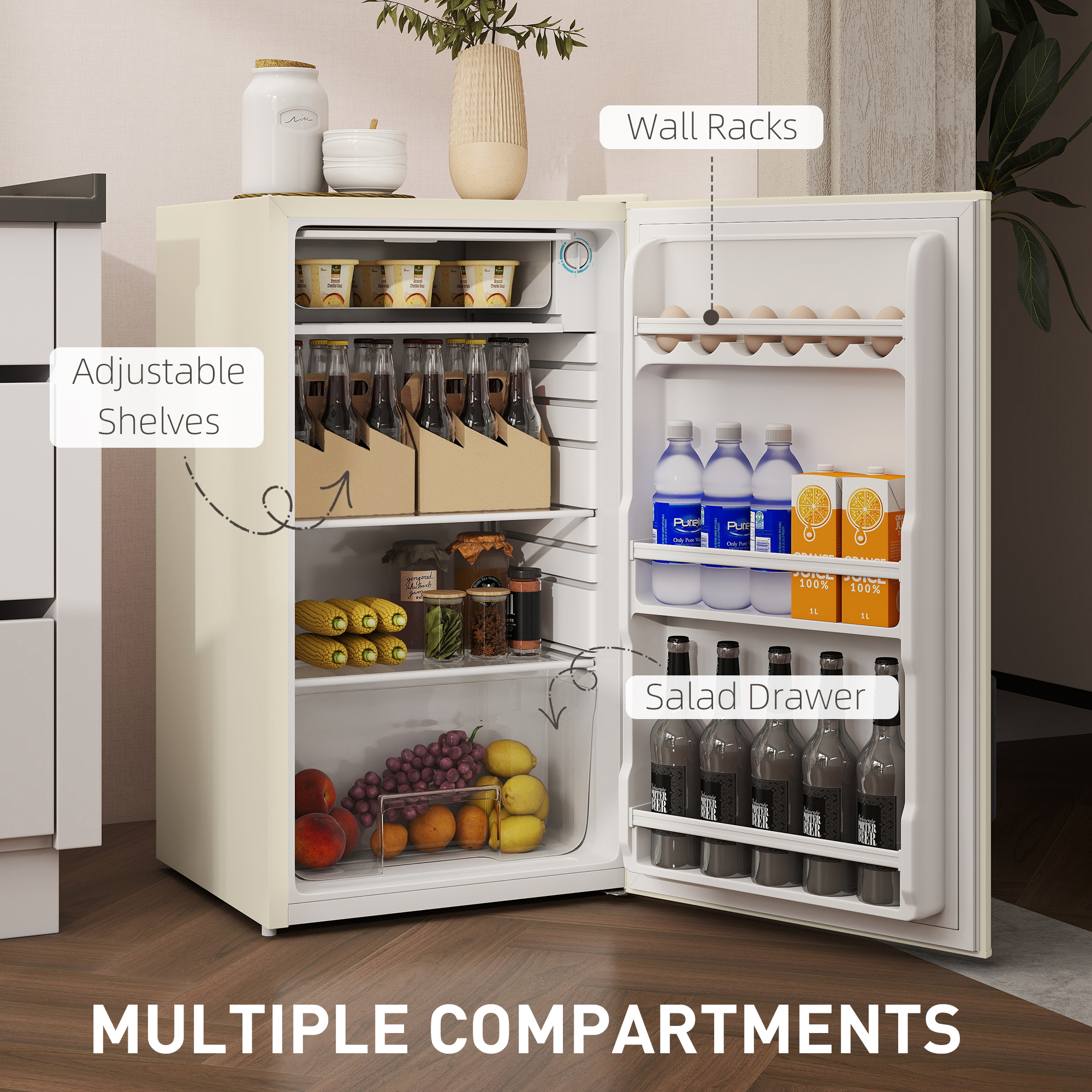 HOMCOM 91 Litre Freestanding Under Counter Fridge Freezer, Small Fridge with Chiller Box, Adjustable Thermostat, 47.5cm Wide, Beige 6