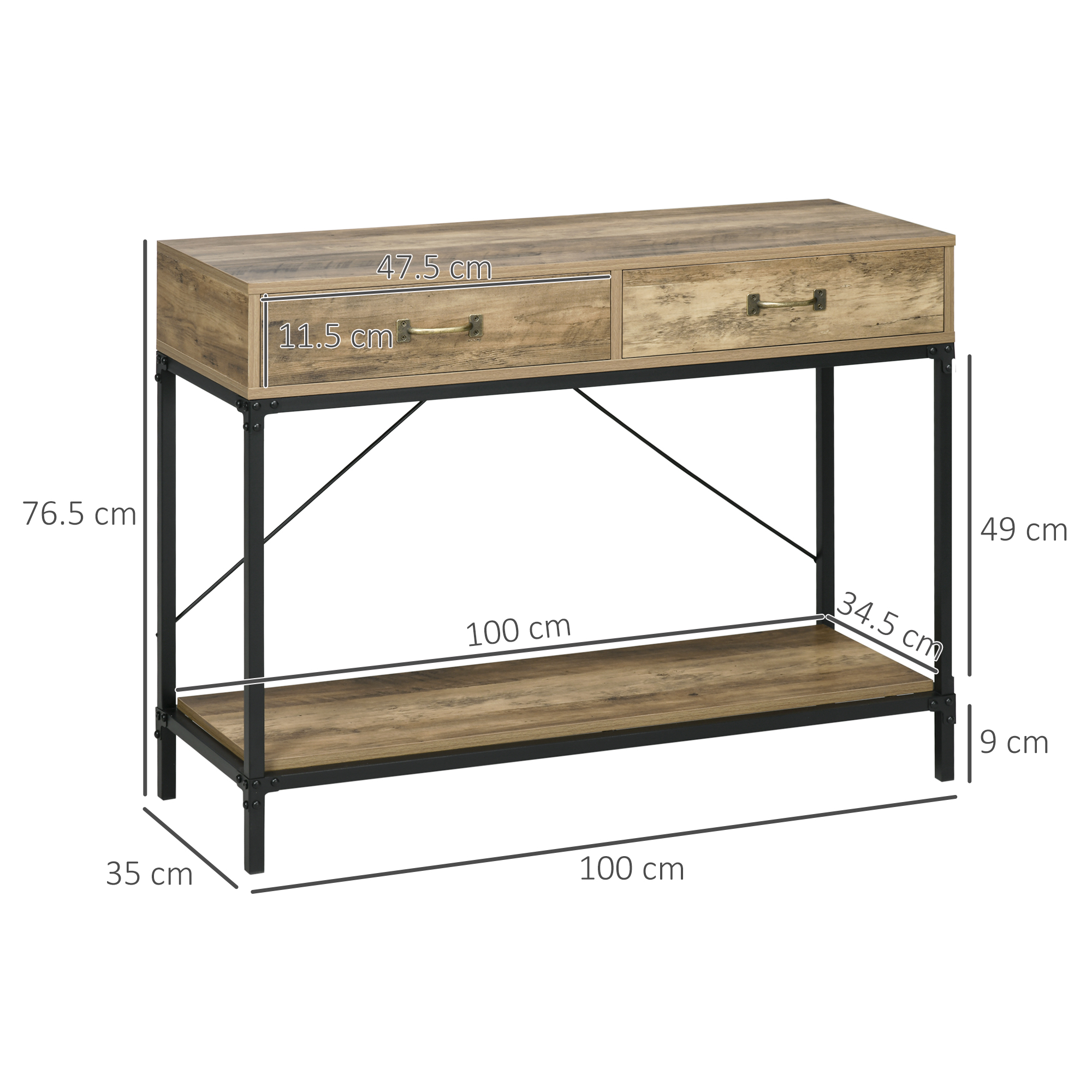 HOMCOM Tavolo Consolle Ingresso Con 2 Cassetti E 2 Ripiani, 100x35x79 Cm, Rovere E Nero, Struttura Acciaio, Anti-ribaltamento - 3
