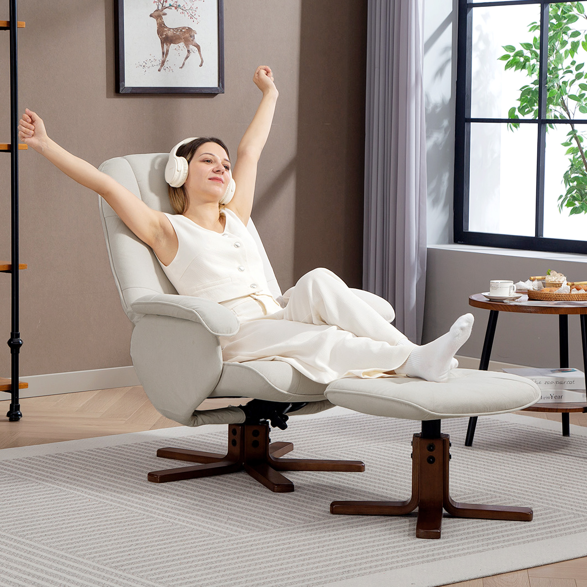 HOMCOM Linen Swivel Recliner Chair with Footstool, Upholstered Reclining Armchair with Wooden Base for Living Room, Beige 8