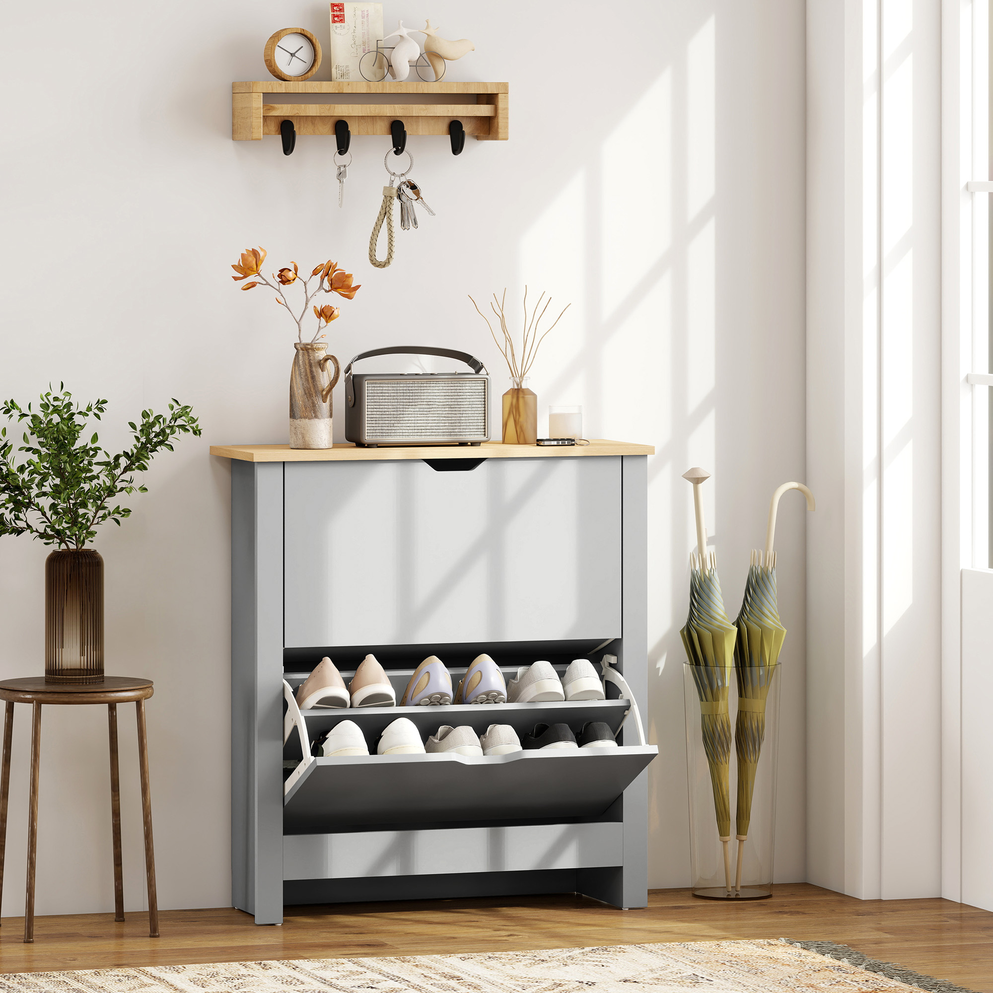 HOMCOM Slim Shoe Cabinet, Narrow Shoe Cupboard with 2 Flip Drawers, Adjustable Shelves for 12 Pairs of Shoes, Light Grey 2