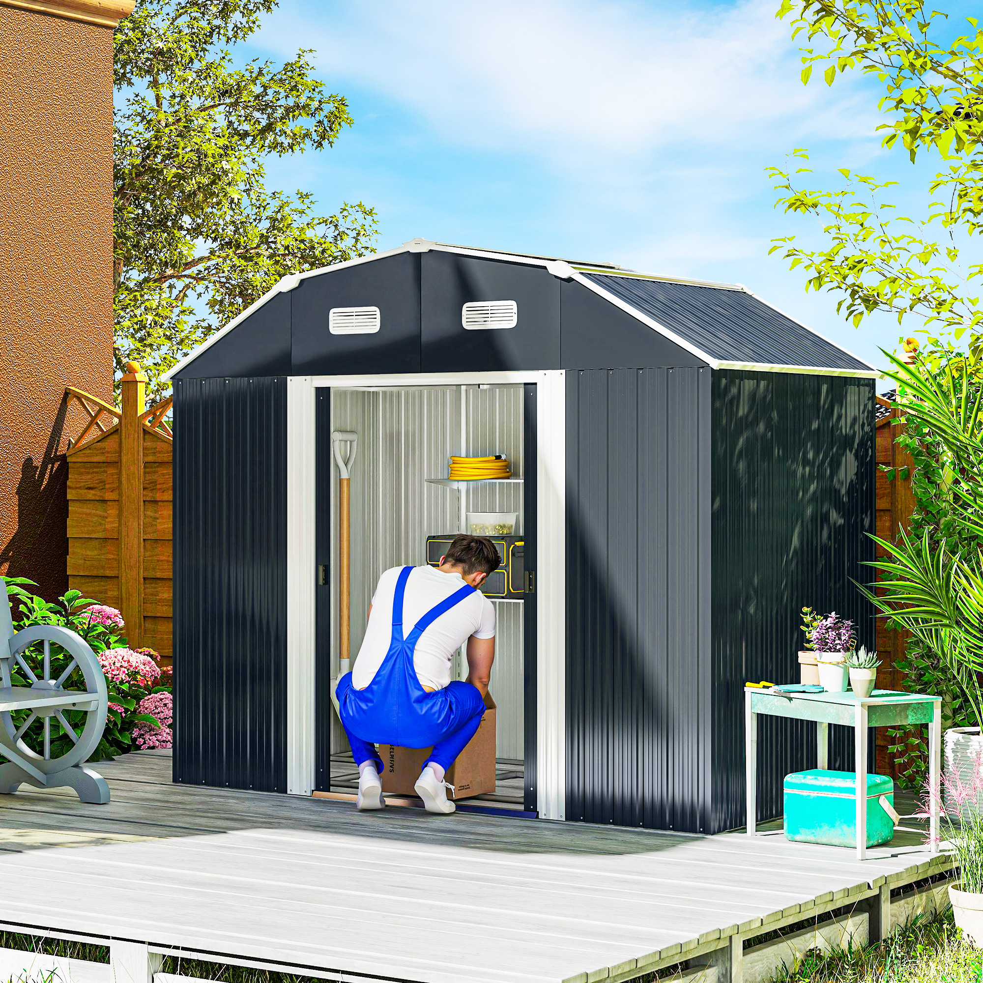 Outsunny Gerätehaus Stahl 2,7m² Geräteschuppen UV-Schutz Gartenschrank 2 Sc günstig online kaufen