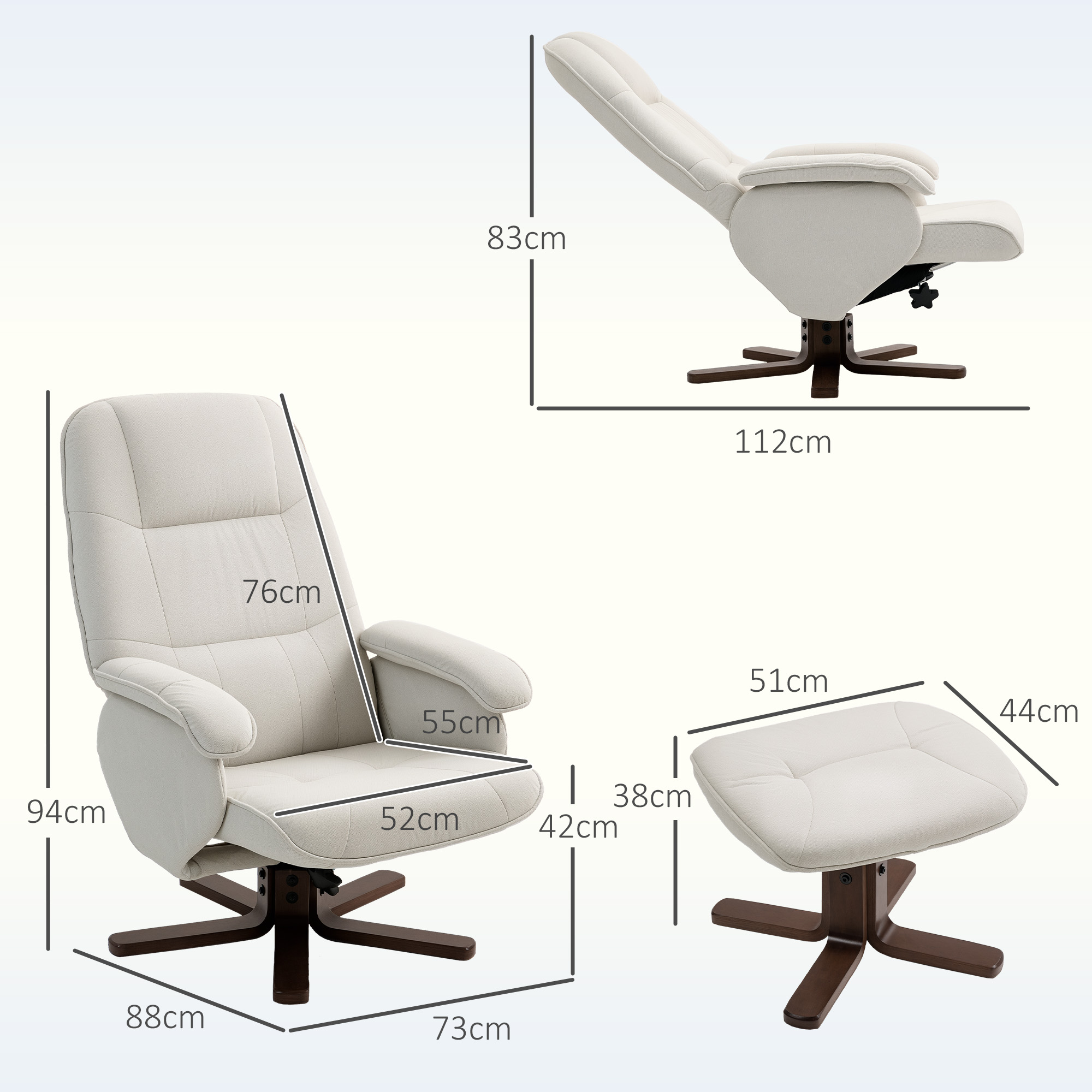 HOMCOM Linen Swivel Recliner Chair with Footstool, Upholstered Reclining Armchair with Wooden Base for Living Room, Beige 3
