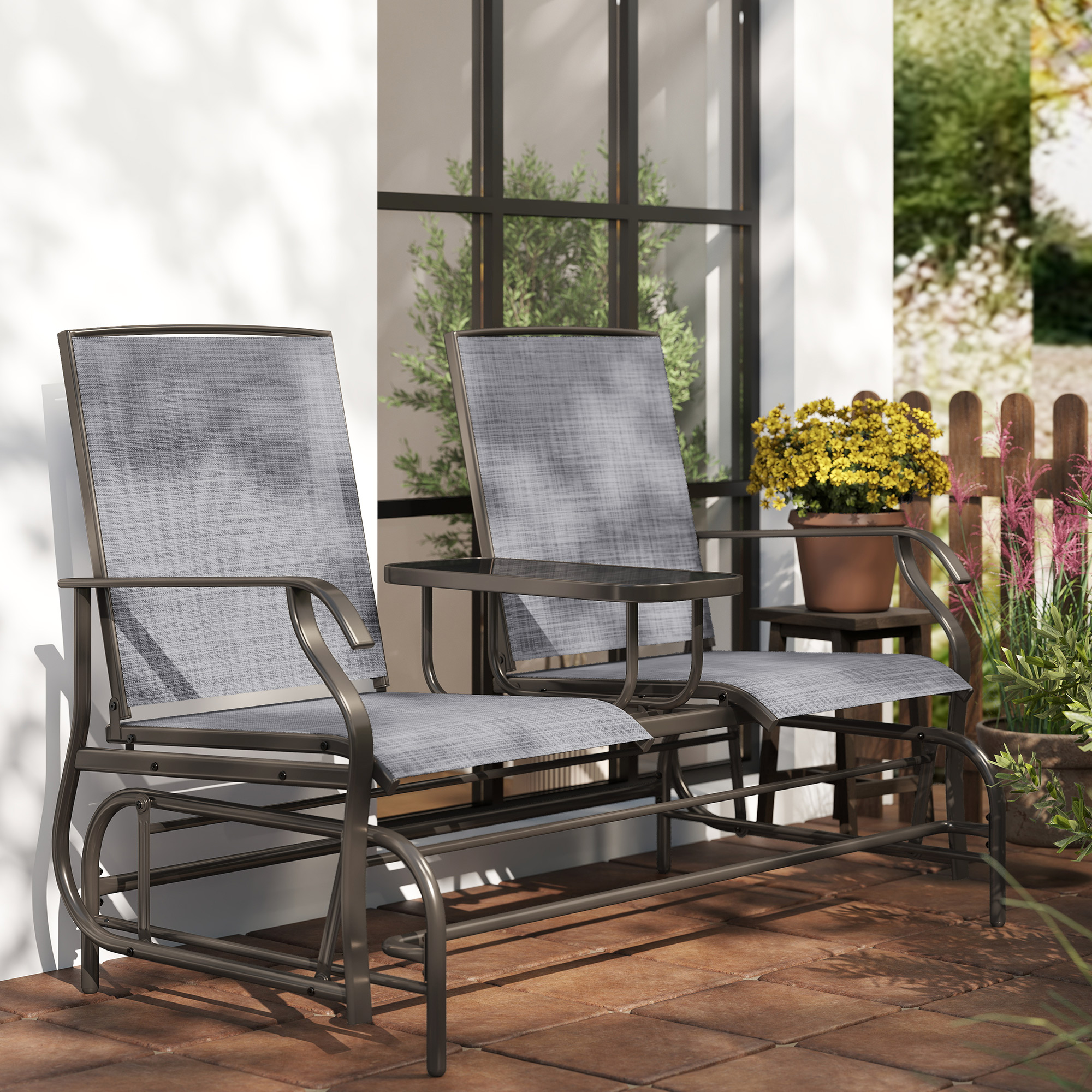 Outsunny 2 Seats Garden Glider Bench, Metal Frame Loveseat with Glass Top  Centre Table, Porch Rocking Glider for 2 Person, for Deck, Patio, Brown/ Grey 9