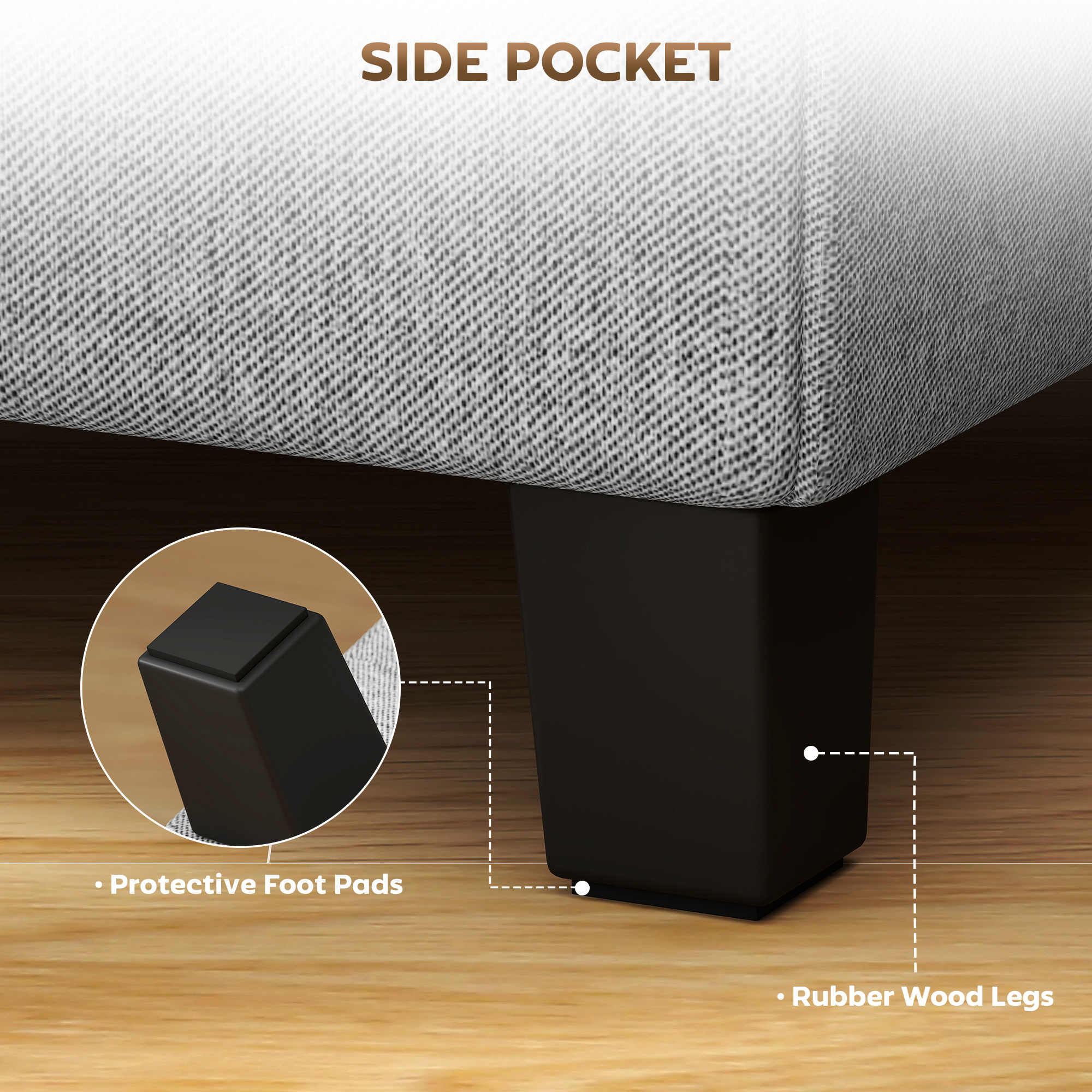 HOMCOM Square Footstool, Small Ottoman with Side Pocket, Linen Fabric Footrest Foot Stool with Rubber Wood Legs and Padded Seat for Living Room, Bedroom, Entryway, 35 x 35 x 35cm, Light Grey 7